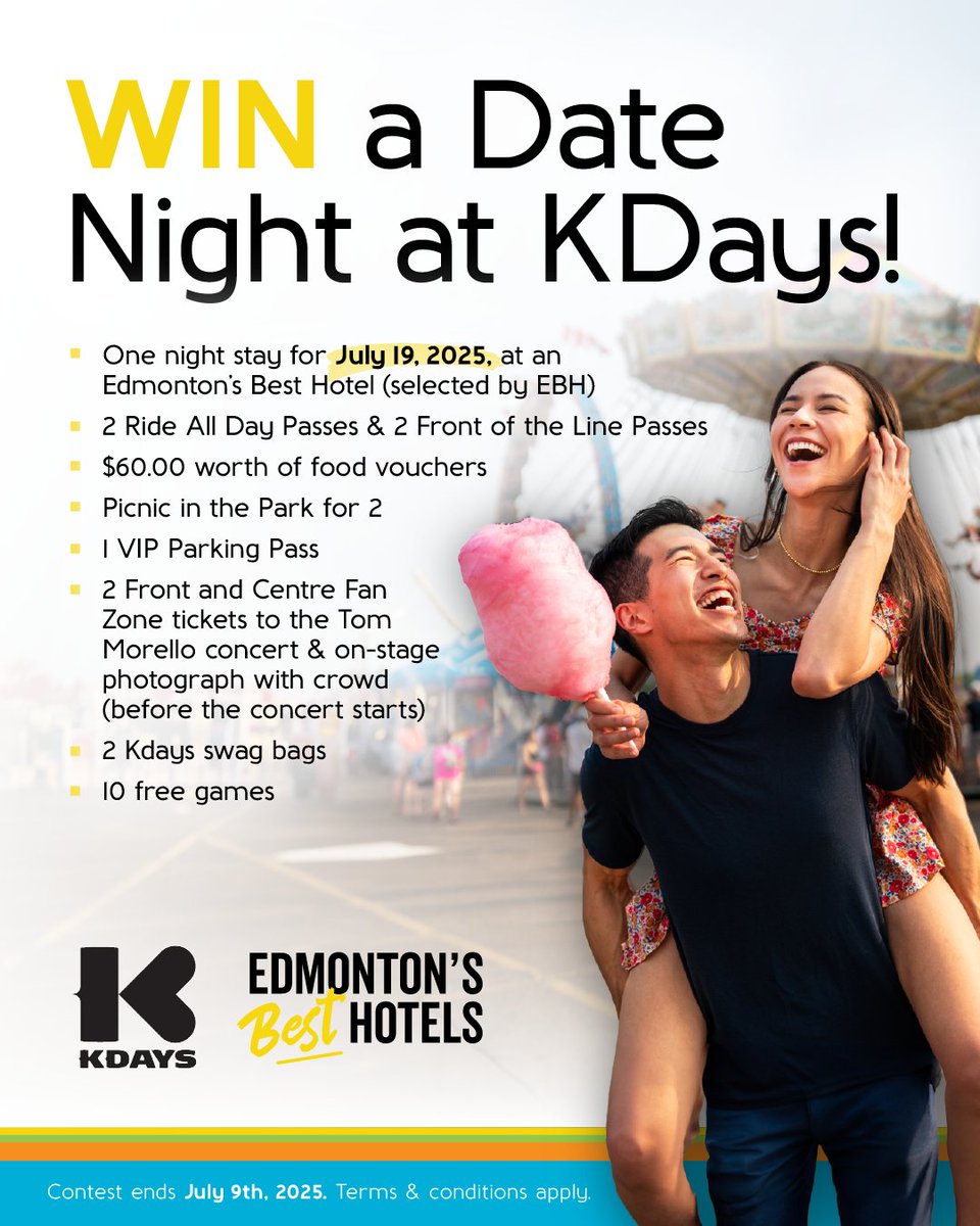 edmbesthotels's tweet photo. β¨ Win the perfect date night at KDays!
π‘ All-day rides
πΆ Tom Morello live
π Food & games
π¨ A luxury hotel stay for two
Enter to win: https://t.co/RNvxDDNKDs
Contest closes July 7.
#KDays2025 #YEGDateNight #EdmontonsBestHotels #YEGContests https://t.co/M2viSLHfGO