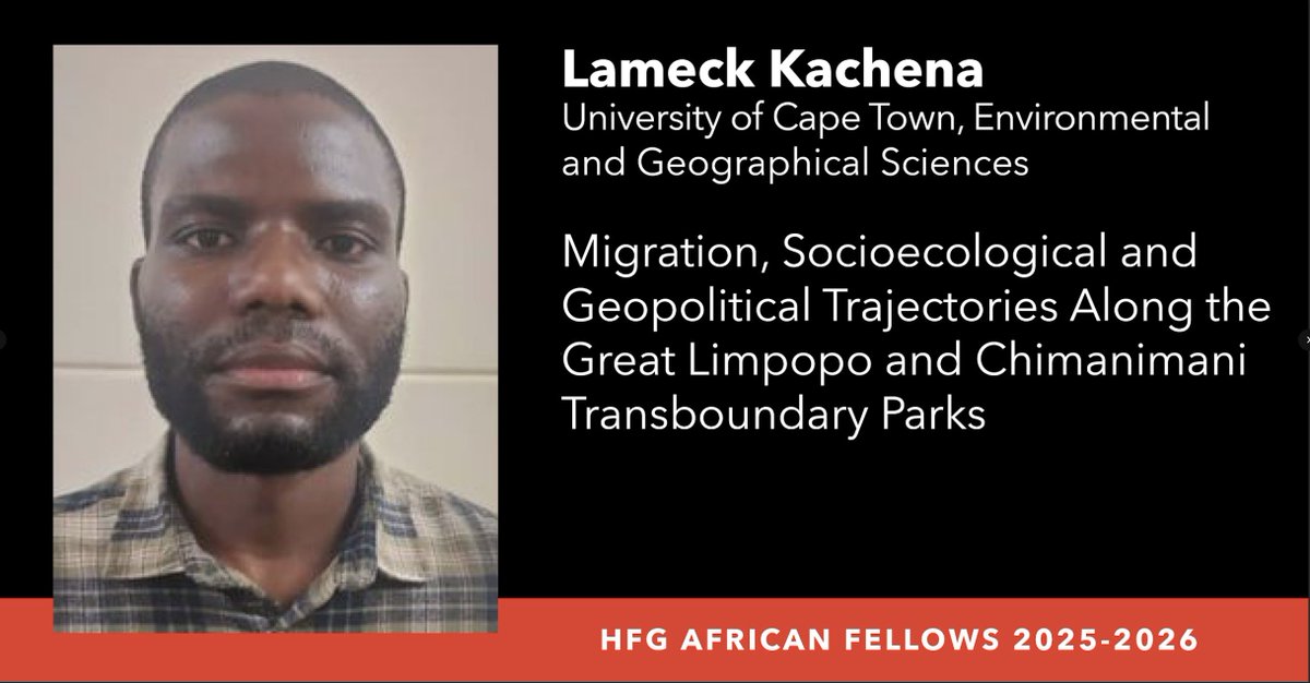 Harry Frank Guggenheim Foundation (@hfguggenheim) on Twitter photo 2025–26 <a href="/HFGuggenheim/">Harry Frank Guggenheim Foundation</a> African Fellow <a href="/kachenalameck/">Kachenalameck</a>, of <a href="/UCTscience/">UCT Faculty Of Science</a>, is investigating how “peace parks” in Southern Africa reproduce conflict and inequity at the local level.
Learn more: hfg.org/african-fellow…
#PeaceParks #ConservationConflict #Inequality #SouthernAfrica 2025–26 <a href="/HFGuggenheim/">Harry Frank Guggenheim Foundation</a> African Fellow <a href="/kachenalameck/">Kachenalameck</a>, of <a href="/UCTscience/">UCT Faculty Of Science</a>, is investigating how “peace parks” in Southern Africa reproduce conflict and inequity at the local level.
Learn more: hfg.org/african-fellow…
#PeaceParks #ConservationConflict #Inequality #SouthernAfrica