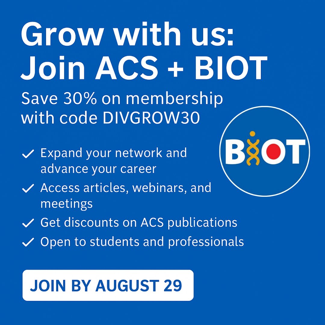 Grow your biotech network with ACS &amp; BIOT!
🎉 Save 30% on ACS membership now through 8/29
Use code DIVGROW30

✅ Free BIOT Division membership
✅ Career tools, webinars, discounts &amp; more

Join us 👉 acs.org/membership
#ACSBIOT #BiotechCareers #JoinACS #STEMCommunity
