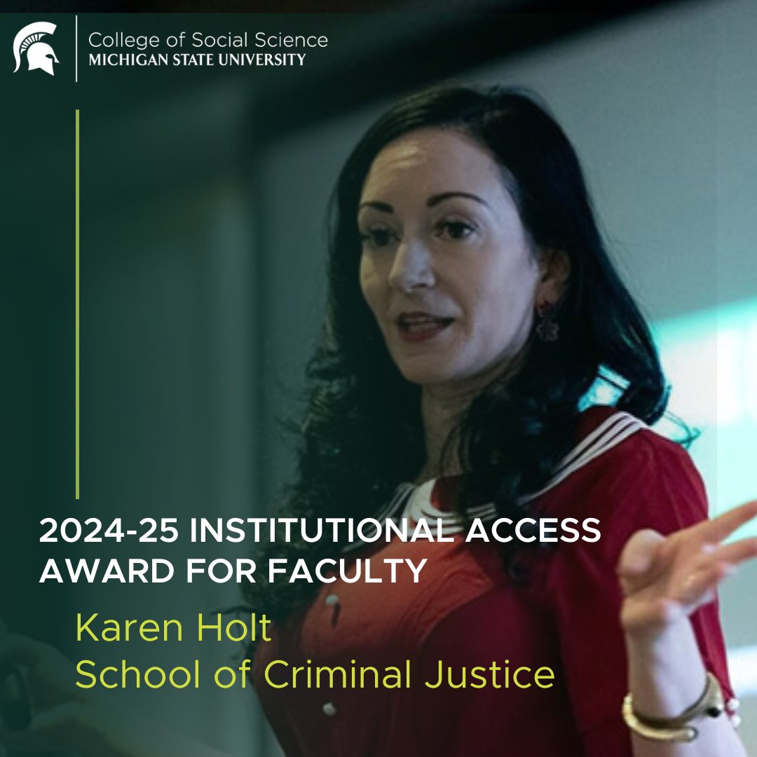 MSU Social Science (@msu_socsci) on Twitter photo <a href="/msu_scj/">MSU School of Criminal Justice</a> faculty Karen Holt was recently awarded the college's Institutional Access Award for Faculty.
Congrats to Dr. Holt!
The full story: spr.ly/60174DKix
#MSUSocialScience #AdvanceJustice <a href="/msu_scj/">MSU School of Criminal Justice</a> faculty Karen Holt was recently awarded the college's Institutional Access Award for Faculty.
Congrats to Dr. Holt!
The full story: spr.ly/60174DKix
#MSUSocialScience #AdvanceJustice