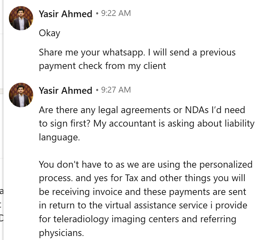 hostingscams's tweet photo. @LinkedIn, how does a scam account like this go undetected? It had over 500 connections (that you should probably be looking at). It tried to rope me into check fraud, and I don't think I am the only one this account reached out to.

#checkfraud #scams #fraud https://t.co/SOrcgRQSy5
