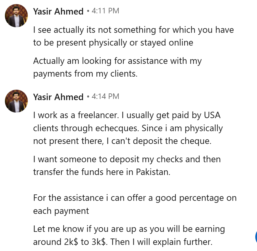hostingscams's tweet photo. @LinkedIn, how does a scam account like this go undetected? It had over 500 connections (that you should probably be looking at). It tried to rope me into check fraud, and I don't think I am the only one this account reached out to.

#checkfraud #scams #fraud https://t.co/SOrcgRQSy5