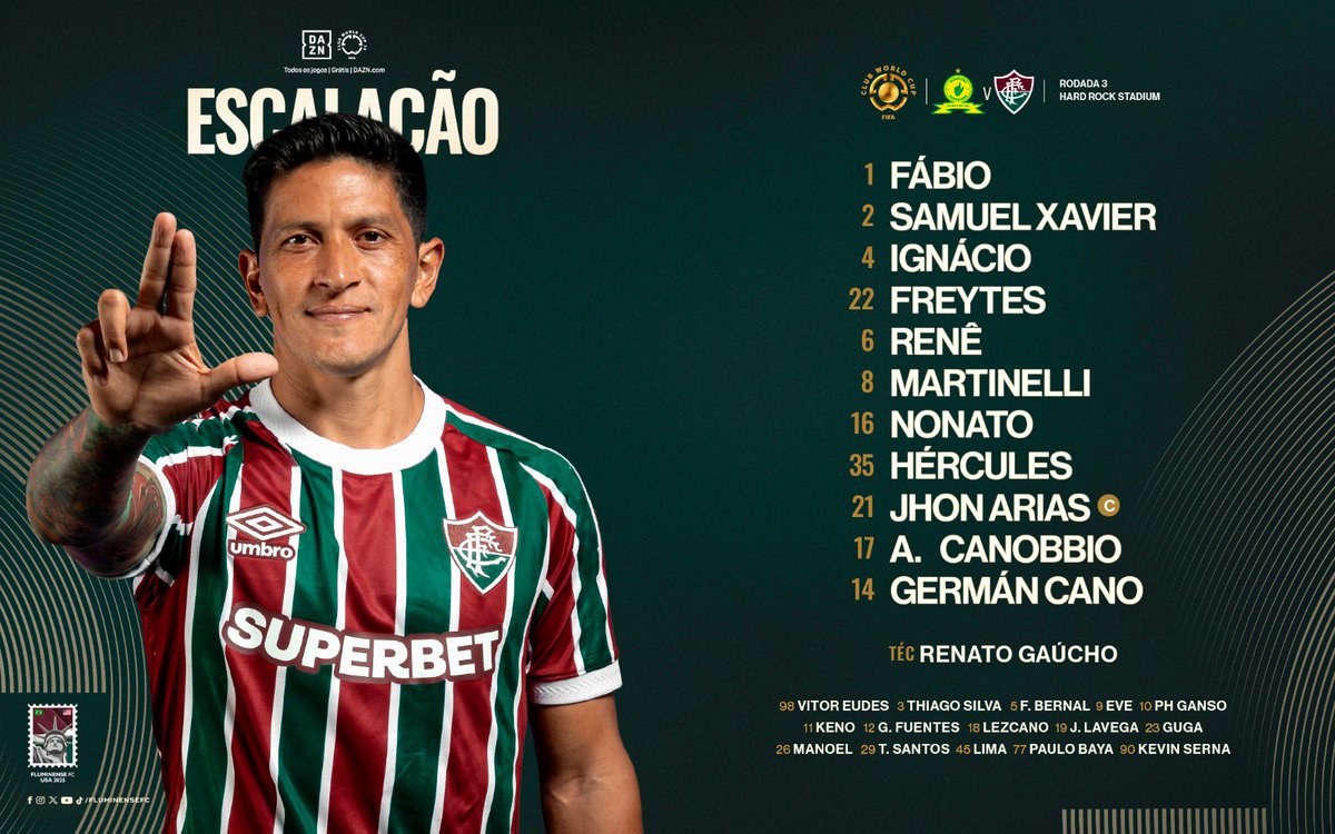 Fluminense F.C. (@fluminensefc) on Twitter photo O #TimeDeGuerreiros está escalado para a partida contra o Mamelodi Sundowns! PELA CLASSIFICAÇÃO!
Todos os jogos do Fluminense de graça no app da <a href="/DAZNFootball/">DAZN Football</a> >> bit.ly/FIFADAZN_Flumi…
#FIFACWC #TakeItToTheWorld O #TimeDeGuerreiros está escalado para a partida contra o Mamelodi Sundowns! PELA CLASSIFICAÇÃO!
Todos os jogos do Fluminense de graça no app da <a href="/DAZNFootball/">DAZN Football</a> >> bit.ly/FIFADAZN_Flumi…
#FIFACWC #TakeItToTheWorld