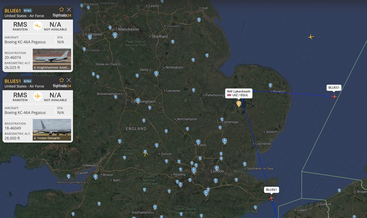 DefenceGeek's tweet photo. Those US tankers are completing their trip dropping their fast-jet customers off at RAF Lakenheath before returning to Ramstein!

#BLUE51 - 18-46049
#BLUE61 - 20-46074 https://t.co/S4pIQV34Ou