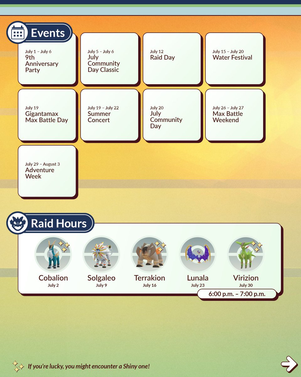 PokemonGoApp's tweet photo. Pokémon GO’s July Content Update is bringing the fun with events like the 9th Anniversary Party, Water Festival, and Summer Concert! 🥳

Get ready for a month of festivities and adventures in #PokemonGO! https://t.co/fYTtjfVMzM