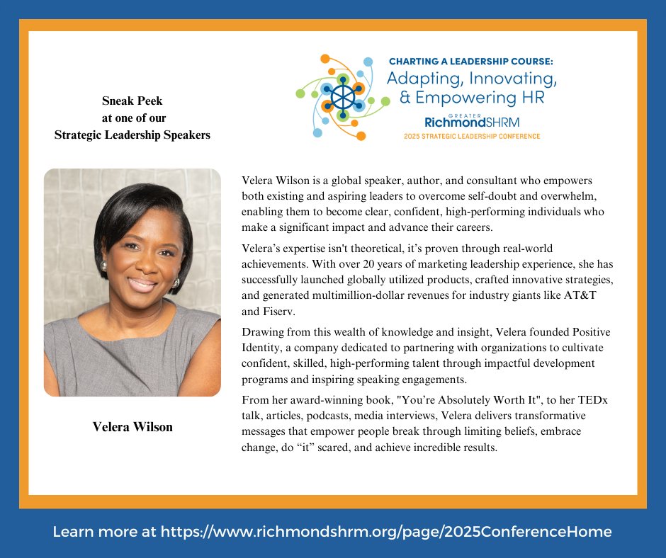 We're excited to announce that Velera Wilson will be speaking at our 2025 Strategic Leadership Conference on Thursday, October 16. 

She'll provide strategies to assess change effectively and anchor on what matters most.

Learn more &amp; register at ow.ly/gjXf50W4rWW.