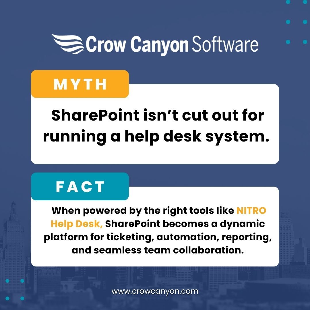 CrowCanyonSW's tweet image. SharePoint might be great for collaboration, but it’s not the answer for your help desk system!  Looking for alternatives? Let’s brainstorm together! Comment your go-to tools!  #HelpDeskSolutions #TechSavvy #SharePoint