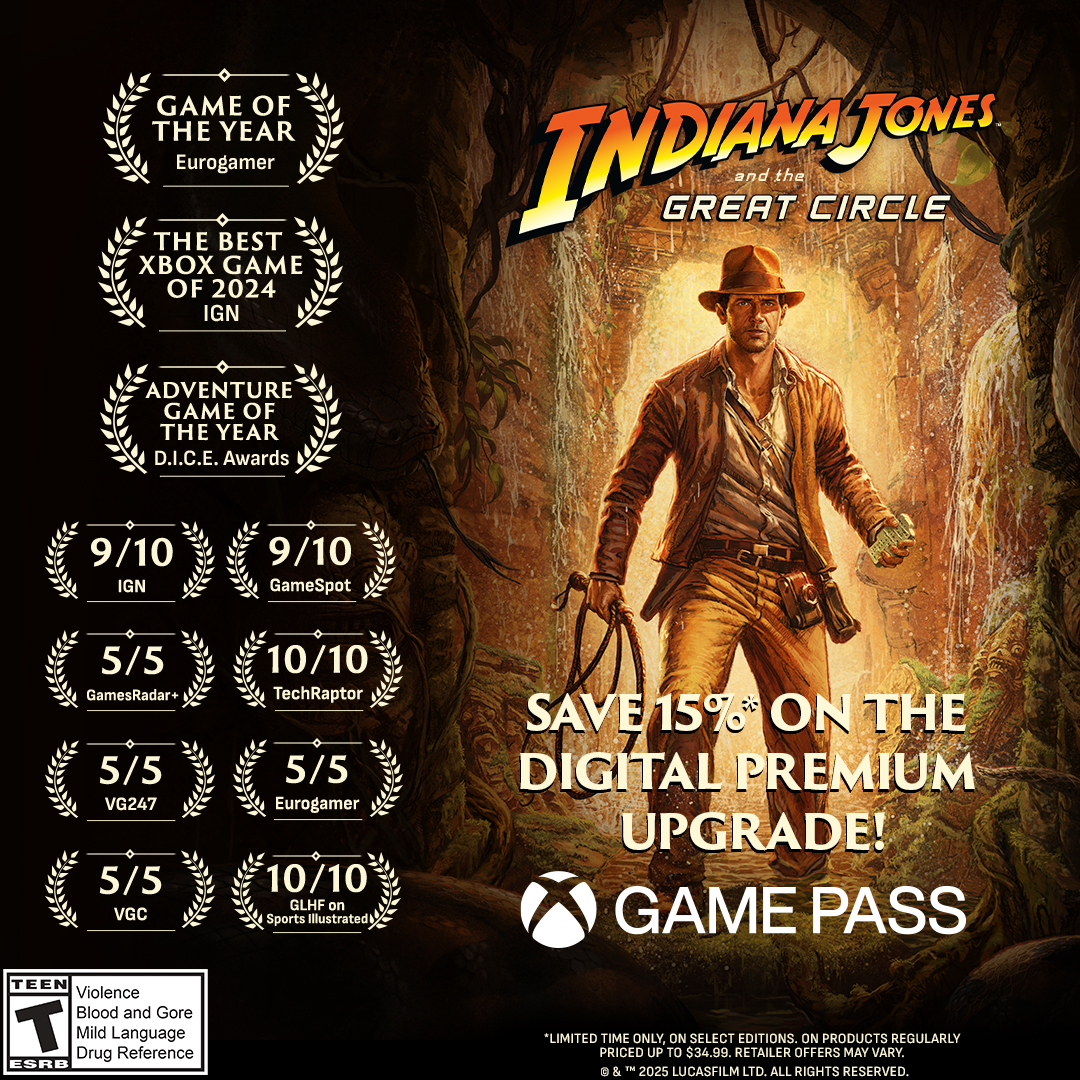 bethesda's tweet image. Xbox Game Pass players: be prepared for The Order of Giants DLC (launching September 4!) with the Digital Premium Upgrade for #IndianaJones and the Great Circle, now 15% off for a limited time!