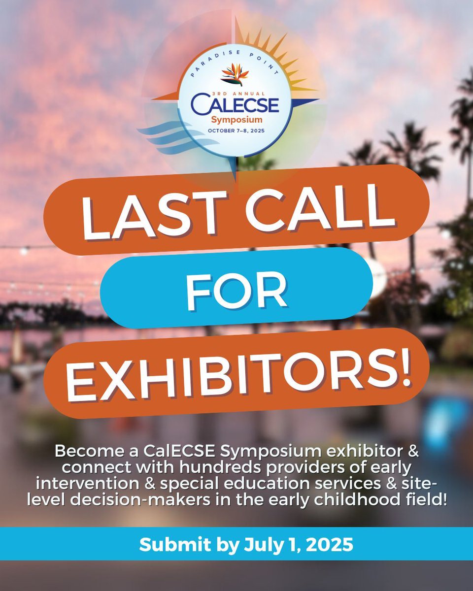 Cal_ECSE's tweet image. Calling all early childhood education exhibitors: if you’re looking to connect with clients working in ECE,  join us at our CalECSE Symposium! To join our team for this symposium with an audience of nearly 750 professionals, submit your form by July 1: buff.ly/a1EQKnv