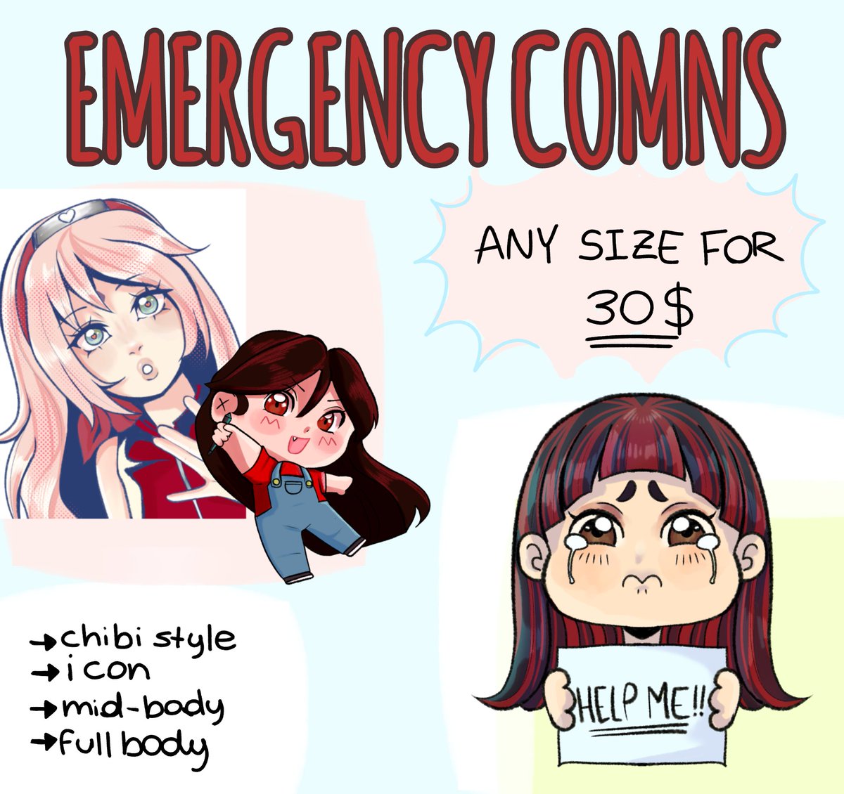 backtonena's tweet image. Hello!!!!
I need help paying for college and I'm in debt!
So I'm opening Emergency Comissions
Any size for 30$ all complete