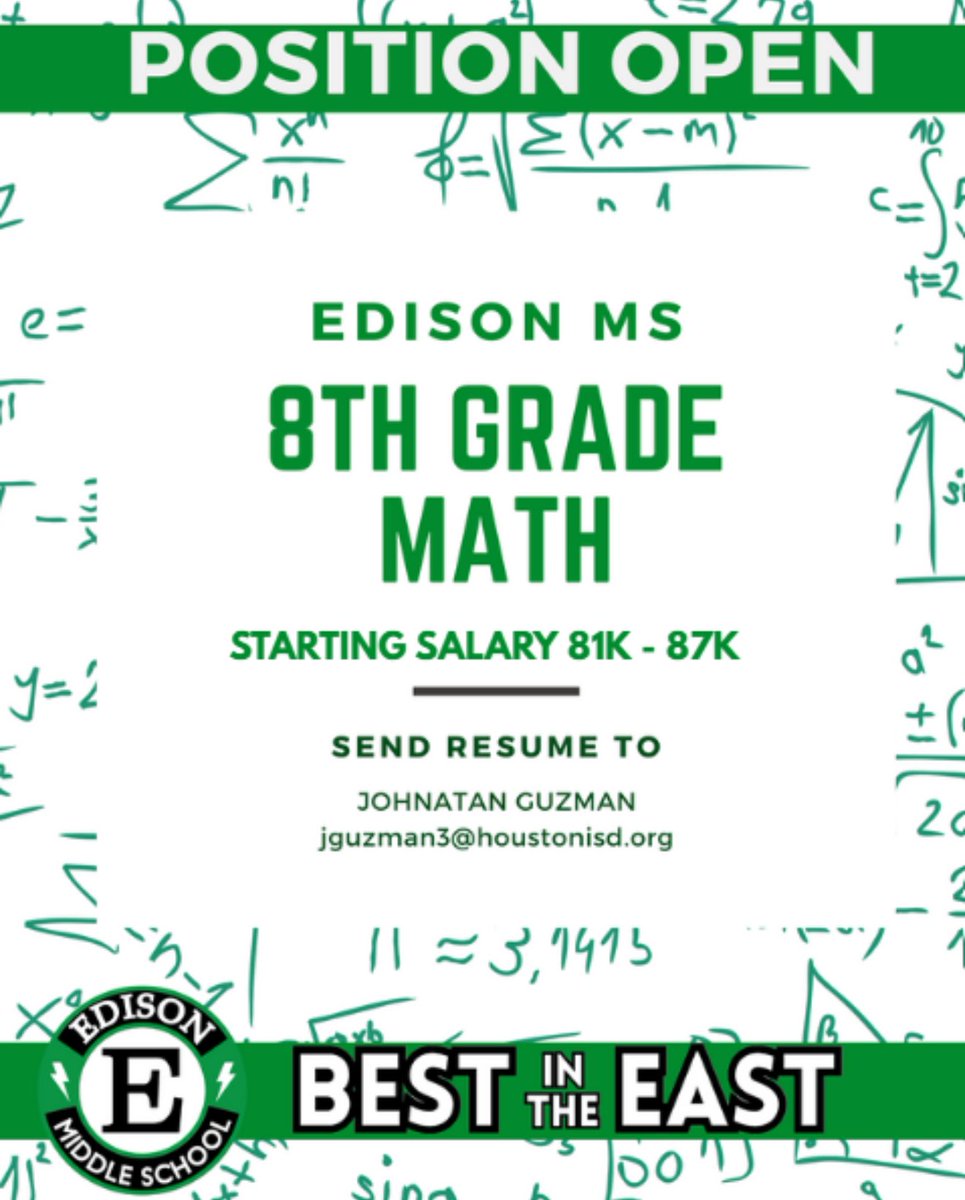 Edison Middle School (@edison_school) on Twitter photo 📢 We’re hiring! Edison MS is looking for a dynamic 8th Grade Math Teacher ready to join a high-performing campus that values excellence, collaboration, and student growth.
Email your resume to 📩 jguzman3@houstonisd.org 📢 We’re hiring! Edison MS is looking for a dynamic 8th Grade Math Teacher ready to join a high-performing campus that values excellence, collaboration, and student growth.
Email your resume to 📩 jguzman3@houstonisd.org