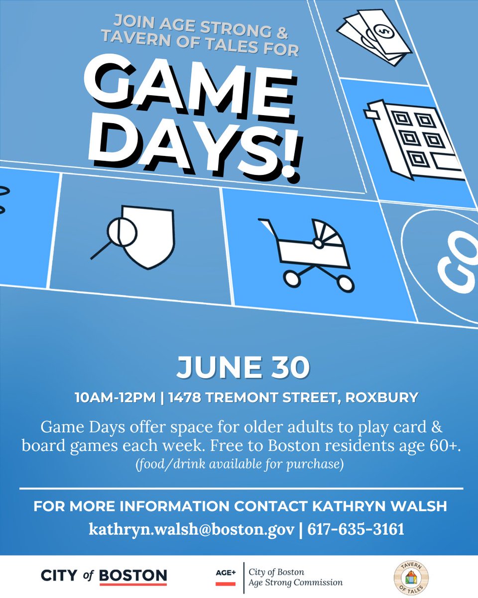 AgeStrongBos's tweet image. Join Age Strong &amp;amp; Tavern of Tales on Monday, June 30, from 10am-12noon for one last session of Game Days! For more information, contact Kathryn Walsh at kathryn.walsh@boston.gov or 617-635-3161.