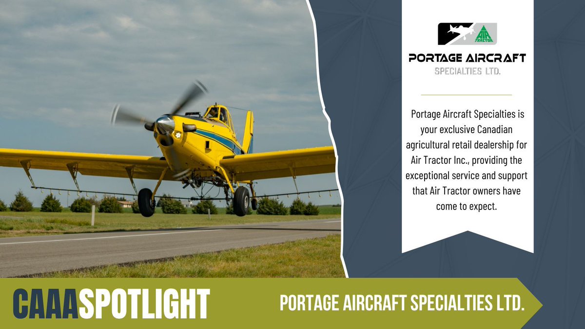 Platinum Partner Spotlight

This week, we’re highlighting Portage Aircraft Specialties Ltd.—Canada’s exclusive ag retail dealer for Air Tractor Inc. Count on them for the outstanding service and support Air Tractor owners know and trust.

🔗 bit.ly/4b0gyzP