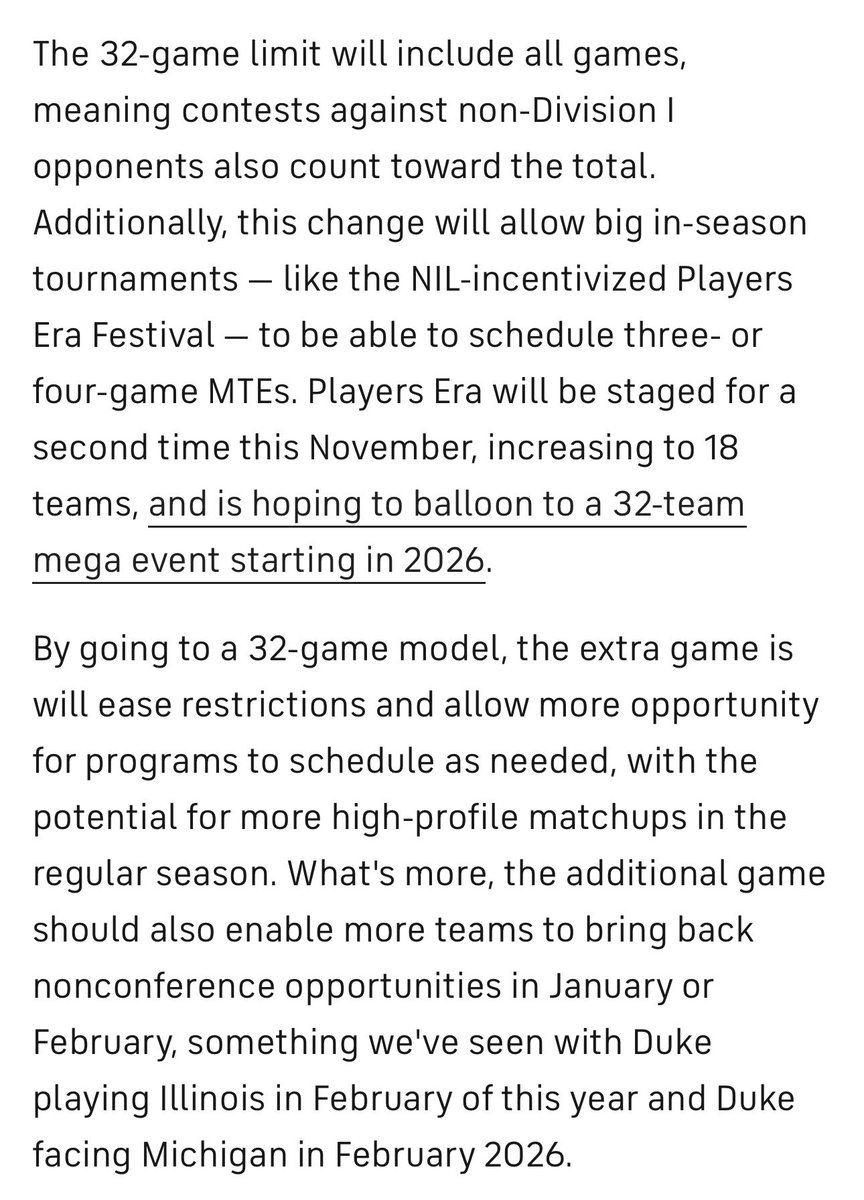 DI college basketball teams will be able to play 32 games starting with the 2026-27 season.

And, unlike now, they’ll be able to play those games in any format with no restrictions on who they can play.

This is a great move for college basketball.