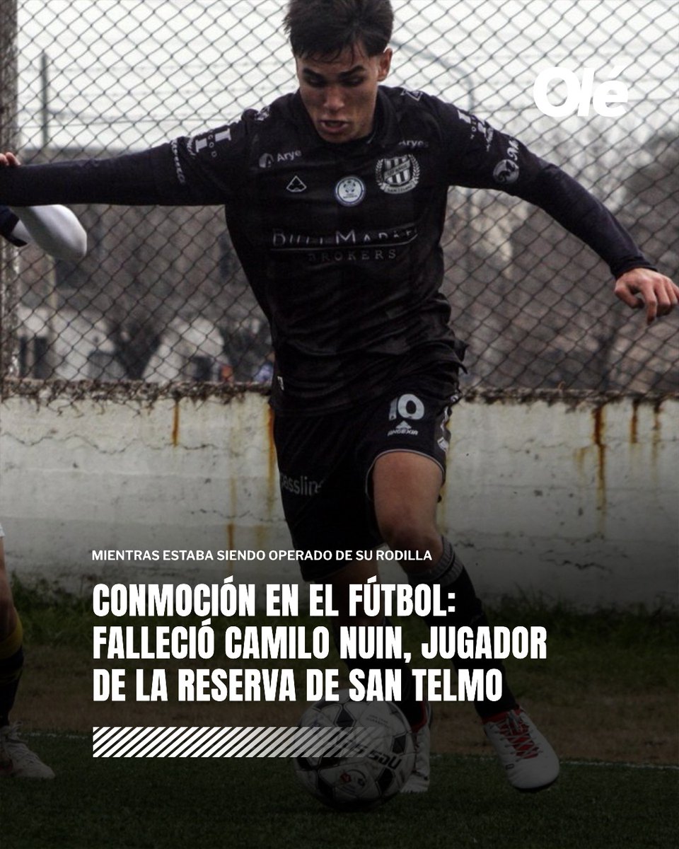 DiarioOle's tweet photo. ⚫ CONMOCIÓN EN EL FÚTBOL: FALLECIÓ CAMILO NUIN, JUGADOR DE LA RESERVA DE SAN TELMO

➡️ El club comunicó en sus redes sociales: "𝐒𝐀𝐍 𝐓𝐄𝐋𝐌𝐎 𝐃𝐄 𝐋𝐔𝐓𝐎 Con profundo dolor despedimos a Camilo Nuin, jugador de la Reserva, quien falleció esta mañana. Acompañamos en este duro momento a su familia, amigos y seres queridos. Tu huella queda en el club. QEPD"