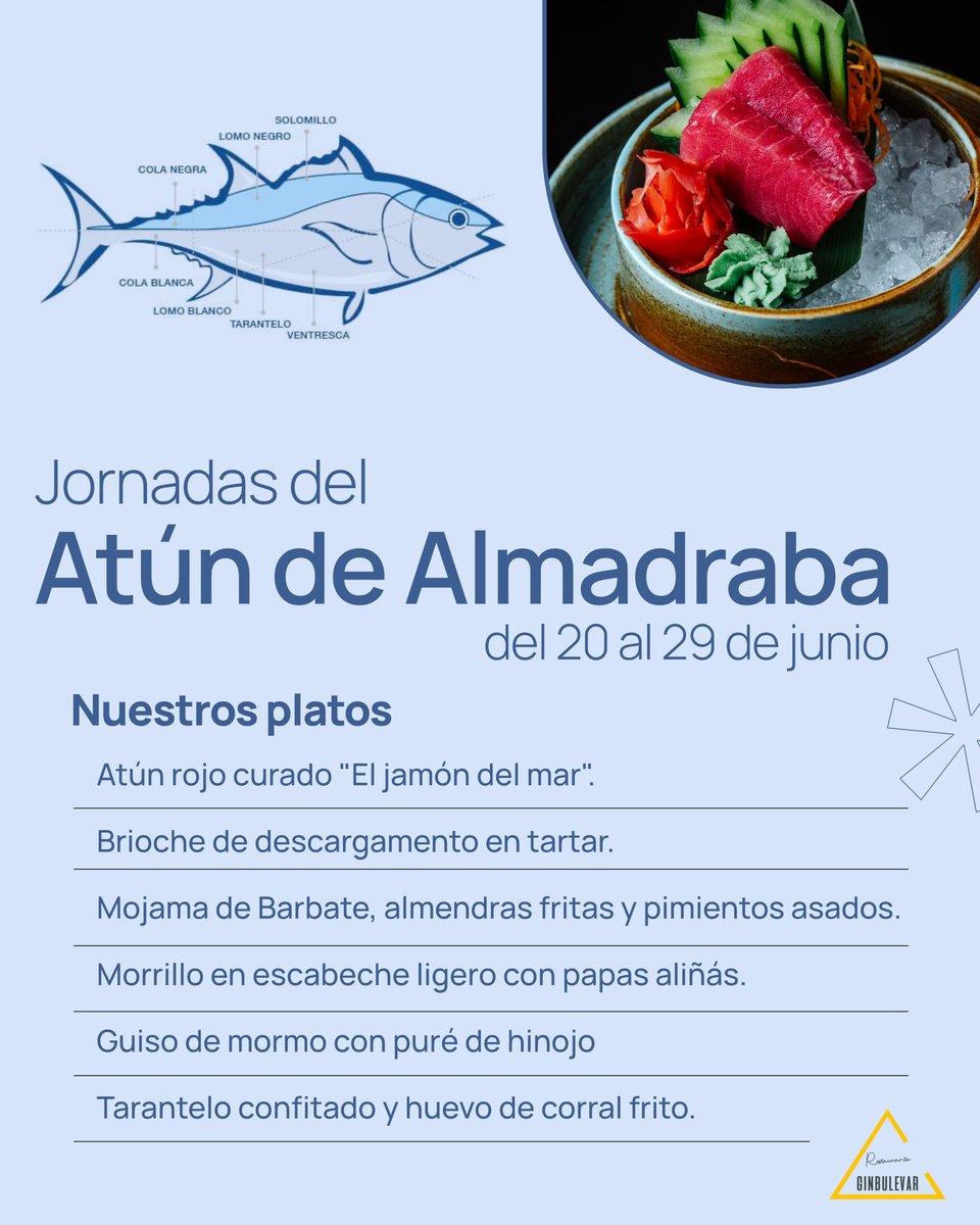 🐟 ¡Saborea el mar!
Descubre nuestras joyas del Atún de Almadraba: Brioche de descargamento en tartar ✨ y Tarantelo confitado 🔥.

Hasta el 29 de junio.
Reserva ahora: +34 957 892 123.

#Ginbulevar #AtúnDeAlmadraba #AltaCocina #CórdobaSeCome