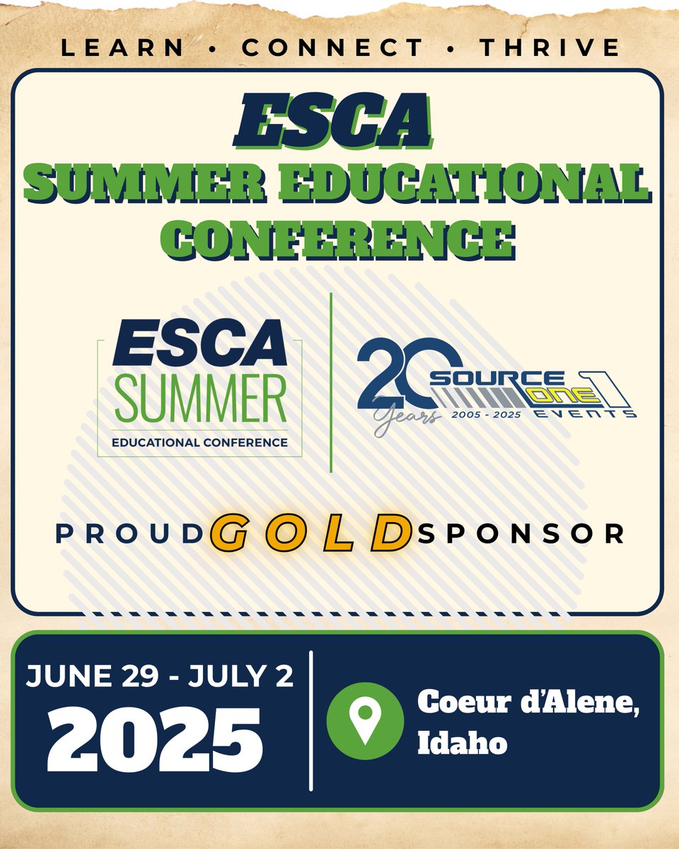 SourceOneEvents's tweet image. We’re honored to be a Gold Sponsor for the 2025 ESCA Summer Educational Conference in stunning Coeur d’Alene, Idaho! 🌟🏔️
Join us June 29–July 2 to Learn, Connect, and Thrive alongside industry leaders by the lake. We can’t wait to see you there!
#ESCASummer2025 #GoldSponsor…