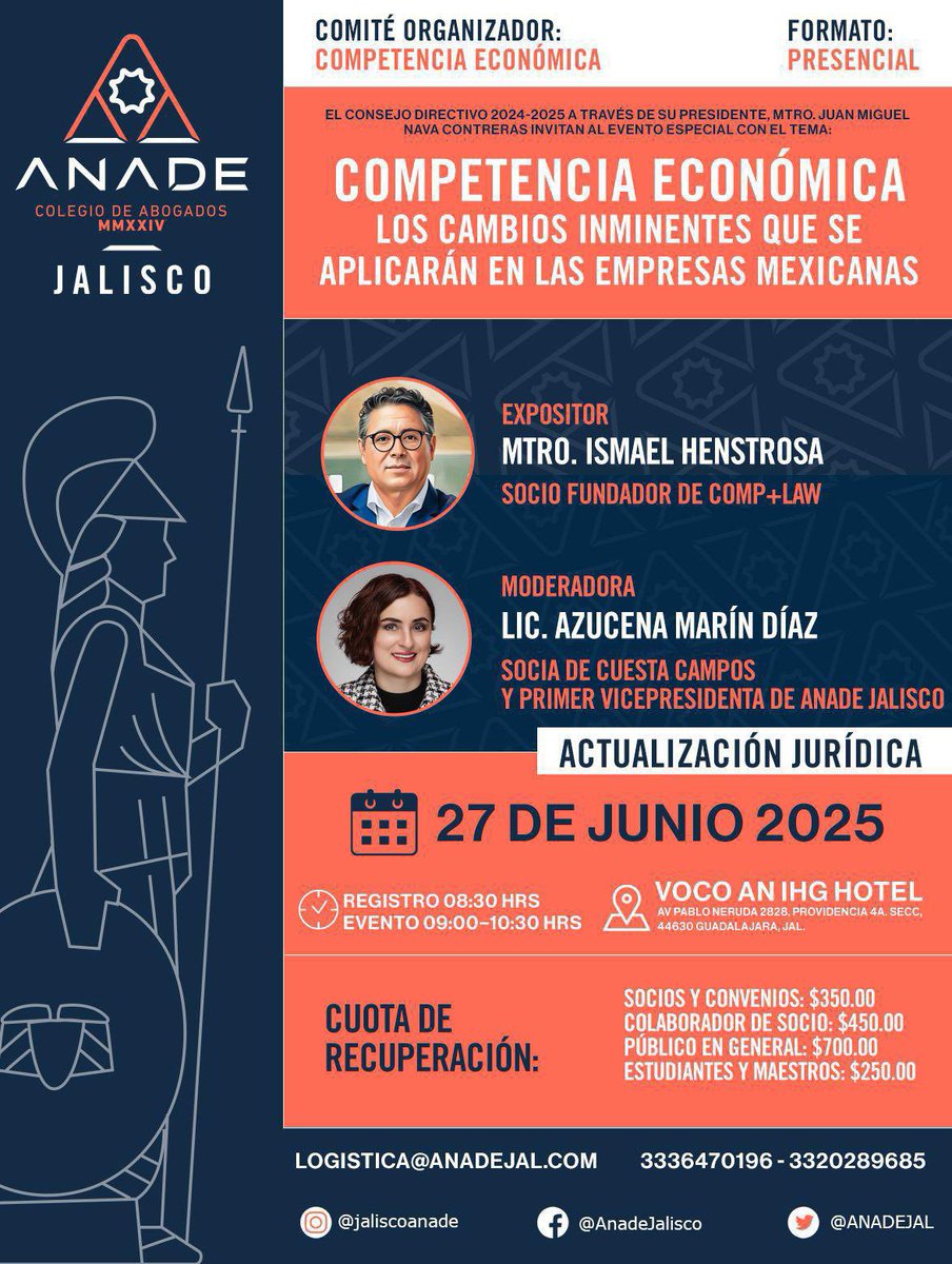 Este viernes en el Hotel Voco, Guadalajara, charlaremos del tema: 

Competencia Económica. Los cambios inminentes que se aplicarán en las empresas mexicanas, 

Expositor: Ismael Henestrosa, Socio Fundador de Comp+Law.

Registro: forms.gle/iEmFx18nJwfFZn…

¡Los esperamos!