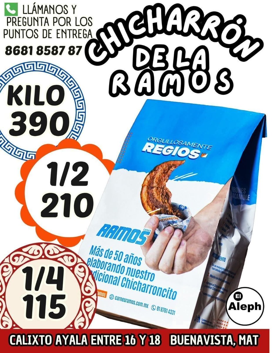 Tenemos Disponible 
Chicharron  de la  Ramos  de Monterrey, N.L. Aquí en  la Buenavista ‼️
🤠 🥓🥓
"
Solo llama:📲
 8681 85 87 87

@Precio💰Fresco- Mucho-Bueno- Sabor 
@chicharrondelaRamosenMatamoros✨ facebook.com/share/169QygfC…