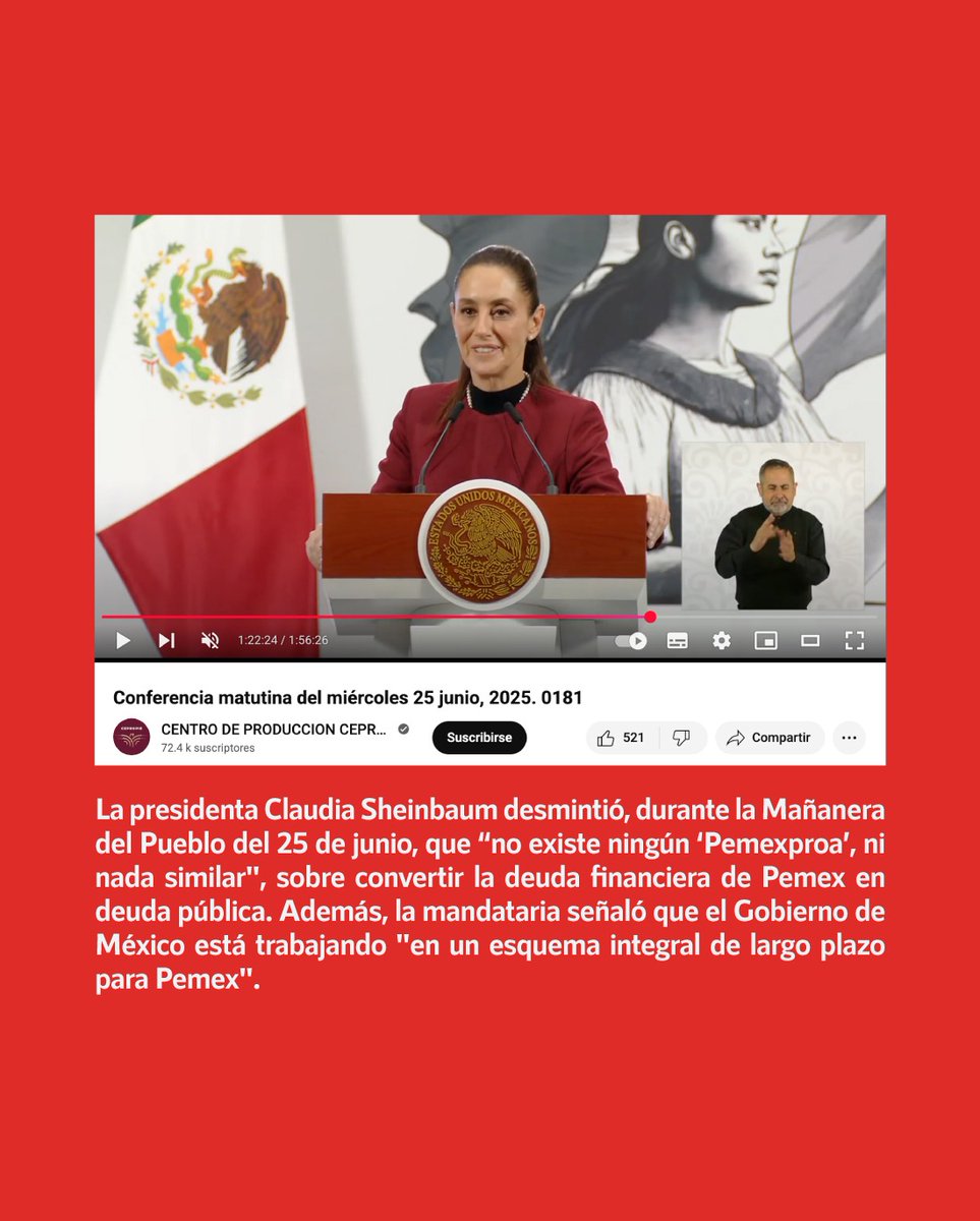 InfodemiaMx (@infodemiamex) on Twitter photo ❌Falso que el Gobierno de la presidenta <a href="/Claudiashein/">Claudia Sheinbaum Pardo</a> "convertirá a deuda pública alrededor de 50% de la deuda financiera de Pemex”
✅La presidenta Claudia Sheinbaum desmintió, durante la Mañanera del Pueblo del 25 de junio, que “no existe ningún ‘Pemexproa’, ni nada similar", ❌Falso que el Gobierno de la presidenta <a href="/Claudiashein/">Claudia Sheinbaum Pardo</a> "convertirá a deuda pública alrededor de 50% de la deuda financiera de Pemex”
✅La presidenta Claudia Sheinbaum desmintió, durante la Mañanera del Pueblo del 25 de junio, que “no existe ningún ‘Pemexproa’, ni nada similar",