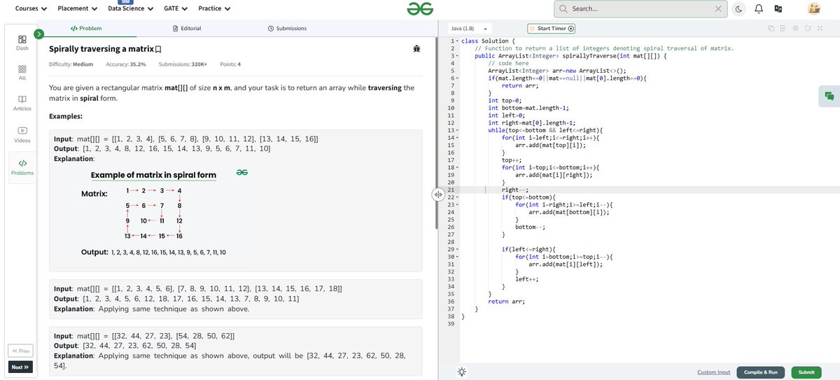 aryaniscoding's tweet image. Day 28 of #GFG160 🔁
Solved Spiral Matrix Traversal 🌀
Traversed 2D arrays layer by layer, clockwise.
Clean logic with bounds: top, bottom, left, right ✅
#100DaysOfCode #Java #DSA #Matrix #CodingChallenge #GeeksForGeeks