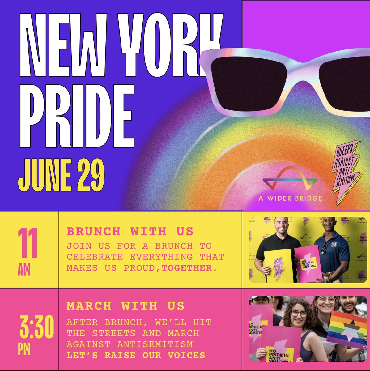 This Sunday, June 29, we're marching in the NYC Pride as A Wider Bridge / Queers Against Antisemitism — with pride, purpose, and QUEER JOY💪🏳️‍🌈 
And before that - we're hosting a fabulous Pride Brunch! sign up: awiderbridge.org/our-events/ 
#NYCPride #QueerJoy #AWiderBridge
