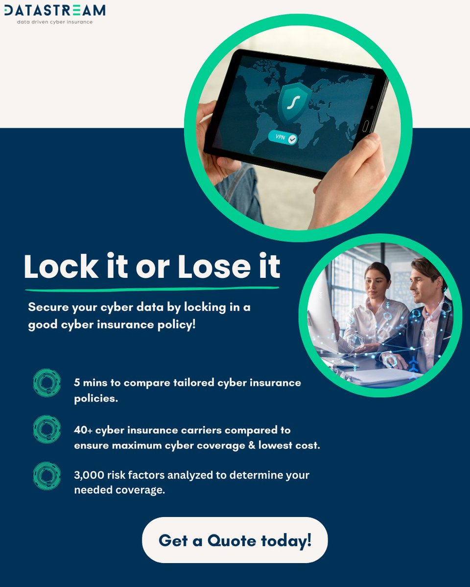 DataStream_Ins's tweet image. Lock up your data! 
You don't know if your business will be the victim of the next cyber attack.
Visit hubs.li/Q03fT8hf0 for a free quote today.

#cyberinsurance #freequote #cybersafety #cyberprotection