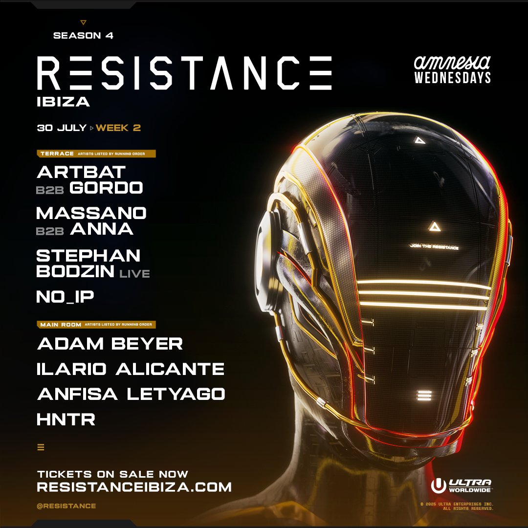 Week 2 of our White Isle takeover is locked.
<a href="/artbatmusic/">ARTBAT</a> B2B <a href="/GordoSZN/">GORDO</a>, <a href="/massanomusic/">Massano</a> B2B <a href="/djannamiranda/">ANNA</a>, <a href="/stephanbodzin/">stephan bodzin</a> &amp; <a href="/no_ip_music/">no_ip</a> on the Terrace.
@realadambeyer, @ilario_alicante, @anfisaletyago &amp; @hntrnet in the Main Room.
30 July <a href="/Amnesia_Ibiza/">Amnesia Ibiza</a>.
resistanceibiza.com