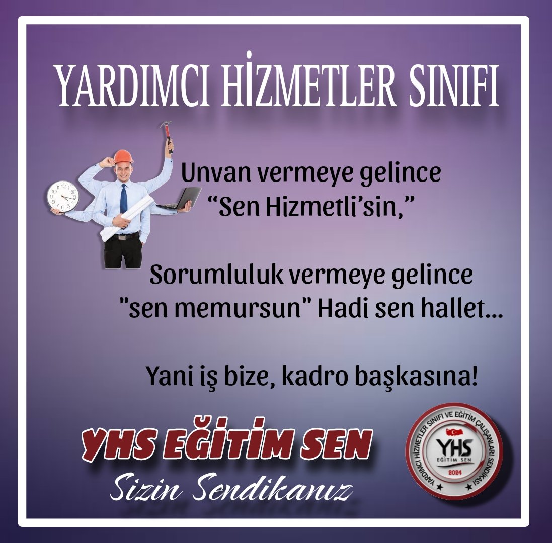 Yardımcı Hizmetler Sınıfı Platformu (@yhsplatform) on Twitter photo Ünvan vermeye gelince "Sen hizmetlisin",
Sorumluluk vermeye gelince "Sen memursun!"
İş bize, angarya bize, yük bize…
Ama kadro hep başkasına!
Kabul etmiyoruz !
#YardımcıHizmetlerSınıfı
#YhsTorbaYasaya
<a href="/Seyithanizsiz/">Seyithan İzsiz</a> <a href="/samilayrim/">ŞAMİL AYRIM 🇹🇷</a> <a href="/RTErdogan/">Recep Tayyip Erdoğan</a> <a href="/hasandogan/">Hasan Doğan</a>
<a href="/eczozgurozel/">Özgür Özel</a> Ünvan vermeye gelince "Sen hizmetlisin",
Sorumluluk vermeye gelince "Sen memursun!"
İş bize, angarya bize, yük bize…
Ama kadro hep başkasına!
Kabul etmiyoruz !
#YardımcıHizmetlerSınıfı
#YhsTorbaYasaya
<a href="/Seyithanizsiz/">Seyithan İzsiz</a> <a href="/samilayrim/">ŞAMİL AYRIM 🇹🇷</a> <a href="/RTErdogan/">Recep Tayyip Erdoğan</a> <a href="/hasandogan/">Hasan Doğan</a>
<a href="/eczozgurozel/">Özgür Özel</a>