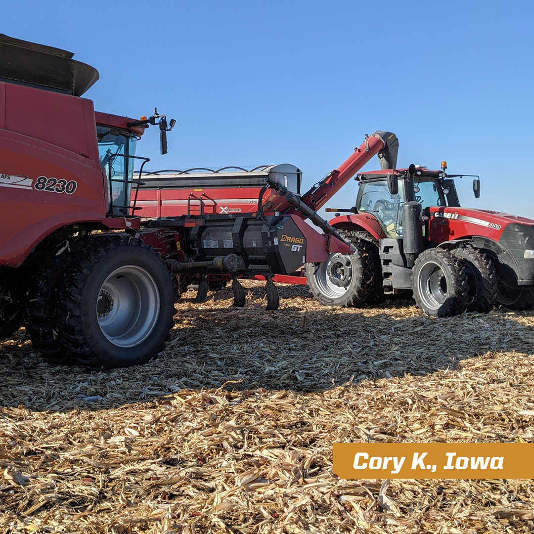 Iowa farmer Cory K. uses his Drago to harvest high-moisture corn. "Even though we may still have a green plant, the Drago knife rolls have no problem." Find more customer stories at dragotec.com/testimonials.