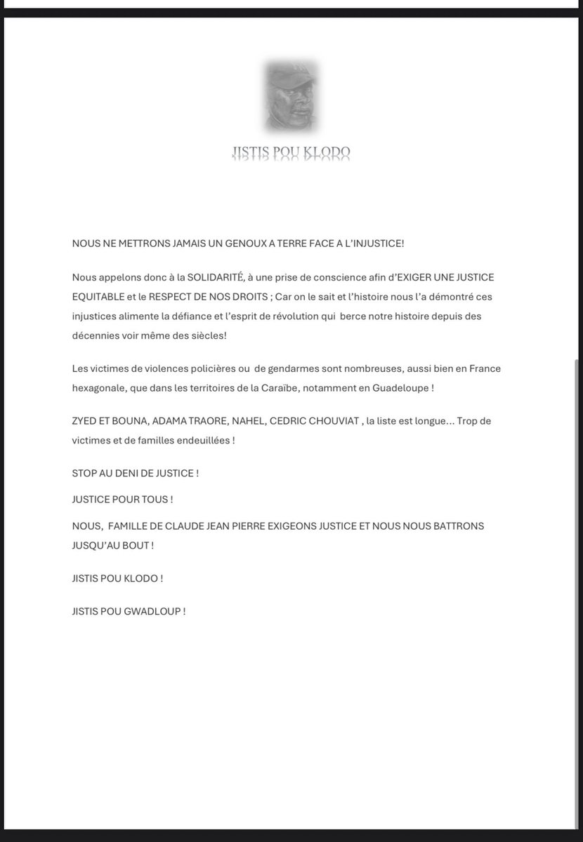 Bonjour , lettre ouverte de <a href="/AlcabelardFatia/">jistispouklodo fatia alcabelard&christophe sinnan</a> et Christophe pour exiger un procès et JUSTICE POUR CLAUDE JEAN PIERRE dit KLODO ! Le combat continue ! #jistispouklodo #justicepourtous