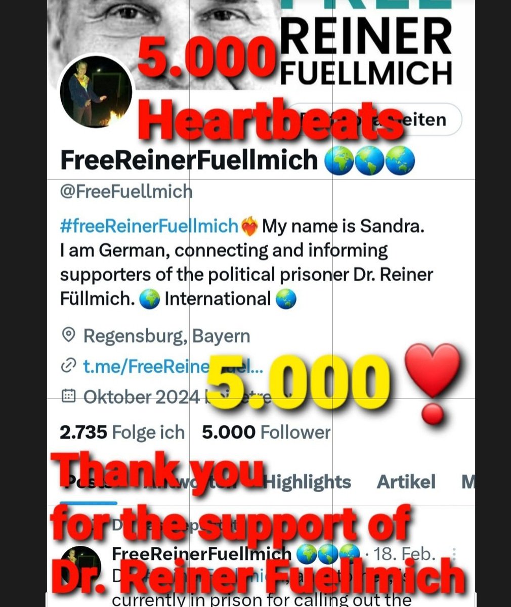 FreeFuellmich's tweet image. ❣🎊🎈🎶🕊🥷🎈🎉🥁💃❣🎆

❣🕊❣5️⃣0️⃣0️⃣0️⃣❣🕊❣ 
Thank you to all supporters and followers of Dr. Reiner Füllmich and his &quot;FreeReinerFuellmich Community&quot; (@FreeFuellmich)❣

#FreeReinerFuellmich ❤️‍🔥❤️‍🔥❤️‍🔥 
#SupportersOfDrReinerFuellmich 
#GodBlessReinerFuellmich ❤️‍🔥
#GodBlessYou 🕊