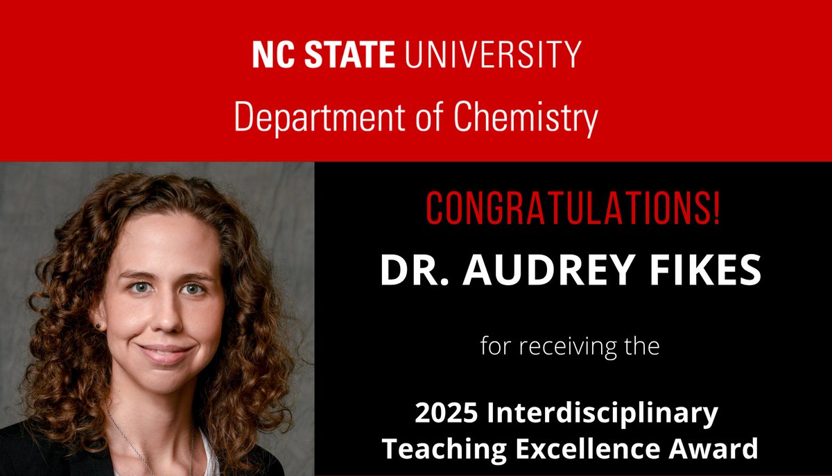 NC State Chemistry (@ncstatechem) on Twitter photo Our warmest congratulations to Dr. Audrey Fikes @ncstatechem and Dr. Melissa Srougi (Department of Molecular Biomedical Sciences), who recently received the 2025 Warwick A. Arden Interdisciplinary Teaching Excellence Award. <a href="/NCStateSciences/">NC State Sciences</a> #chempack
provost.ncsu.edu/news/2025/05/c… Our warmest congratulations to Dr. Audrey Fikes @ncstatechem and Dr. Melissa Srougi (Department of Molecular Biomedical Sciences), who recently received the 2025 Warwick A. Arden Interdisciplinary Teaching Excellence Award. <a href="/NCStateSciences/">NC State Sciences</a> #chempack
provost.ncsu.edu/news/2025/05/c…