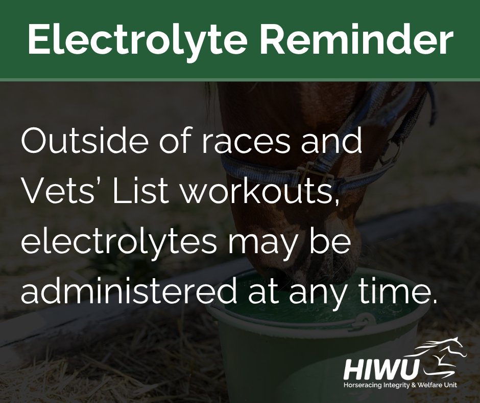 HIWUNews's tweet image. With summer upon us, horsemen and veterinarians should be mindful of the rules around electrolyte use before races and Vets’ List workouts. Outside of races and Vets' List workouts, electrolytes may be administered at any time. hiwu.org/news/horsemen-…
