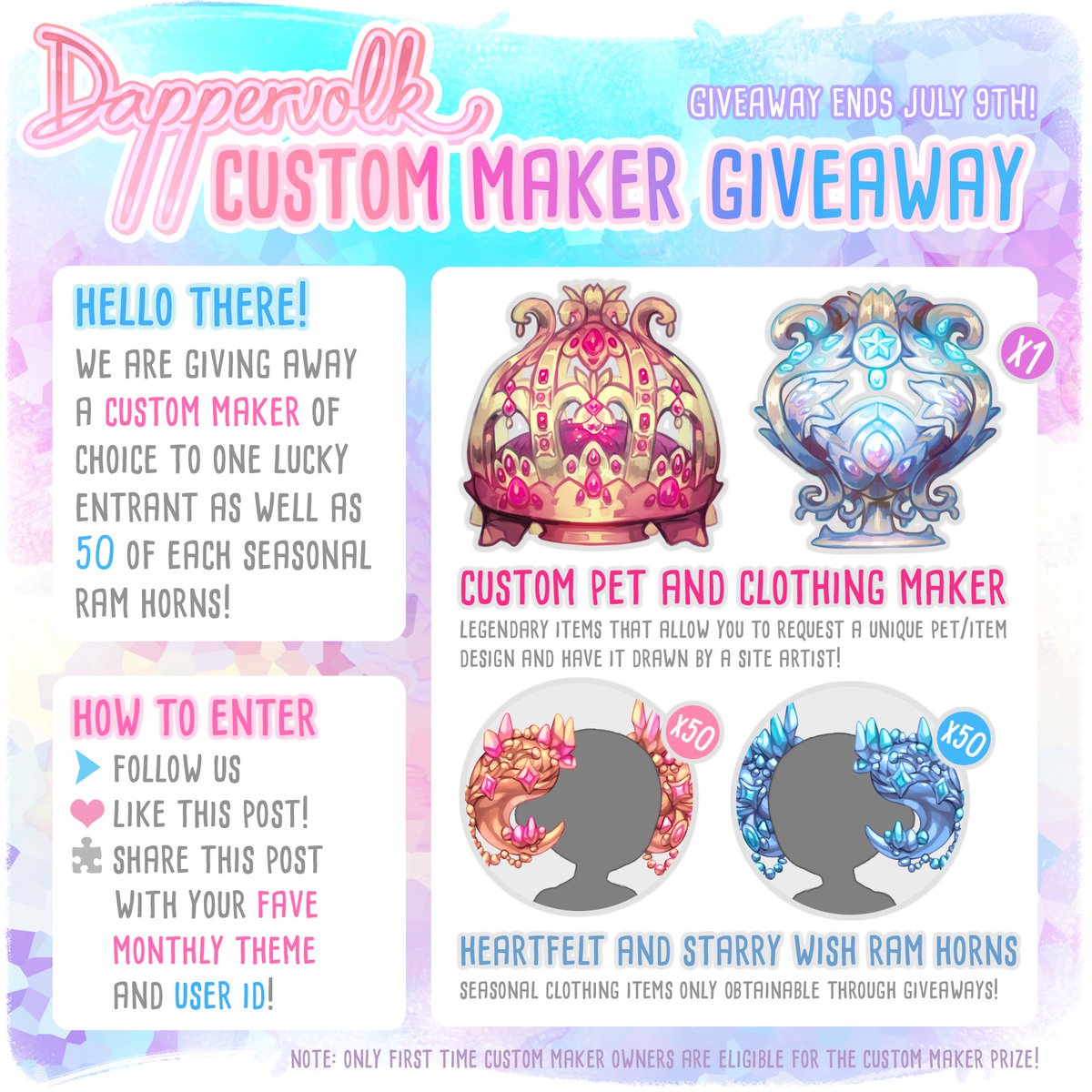 dappervolk's tweet photo. To celebrate our Anniversary, a new Custom Maker Giveaway has begun! 🎂

Custom makers are the rarest item in the game, and allow you to request a clothing/pet to be drawn by the team. Good luck to everyone entering! https://t.co/gcihXZEB3e