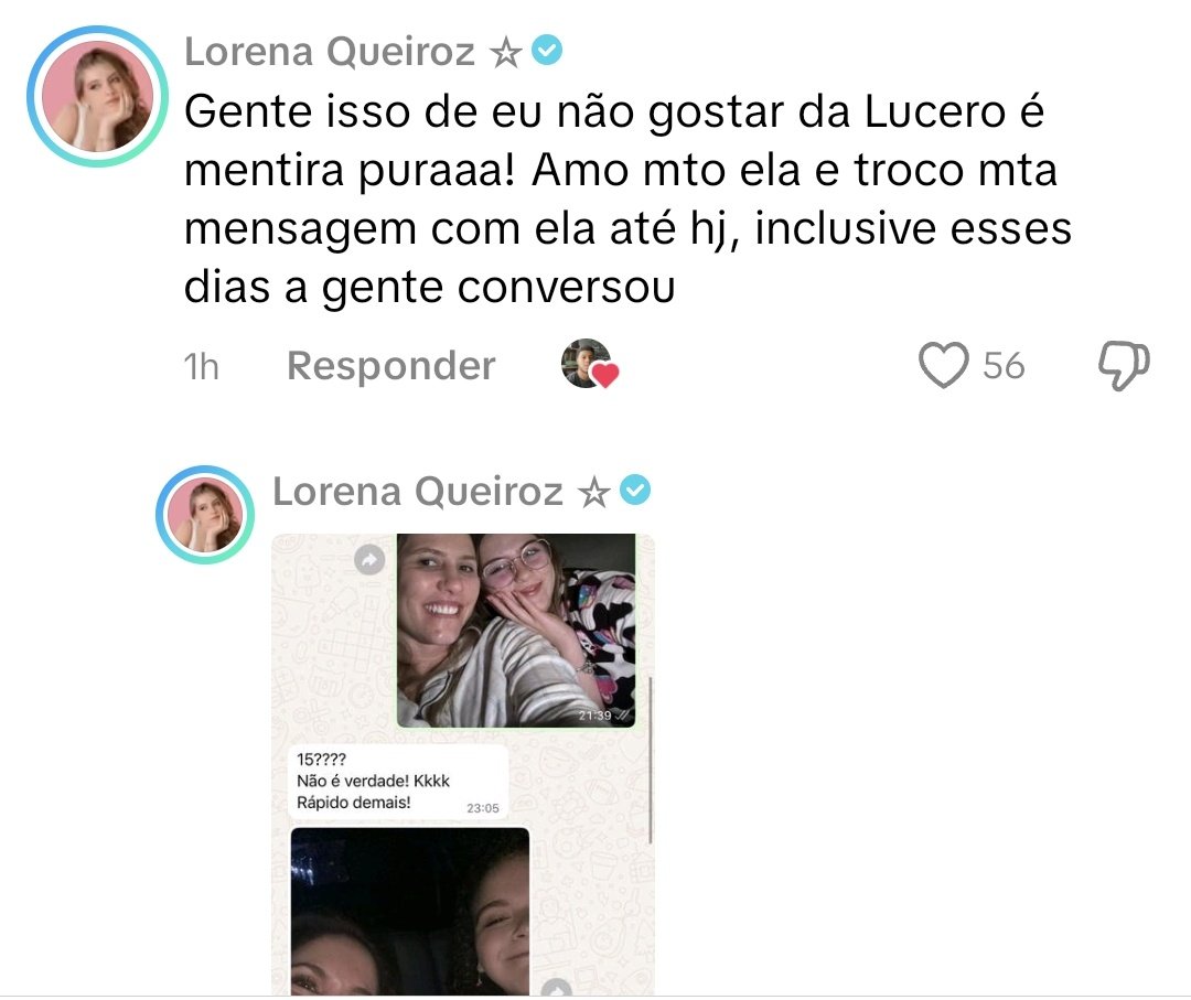 kamille_moraes's tweet photo. A Lorena Queiroz tendo que explicar o ÓBVIO depois de várias pessoas espalharem fake news (velhas ainda): que ama a Lucero e que elas mantém contato até hoje 💘 https://t.co/T92JqedKxR