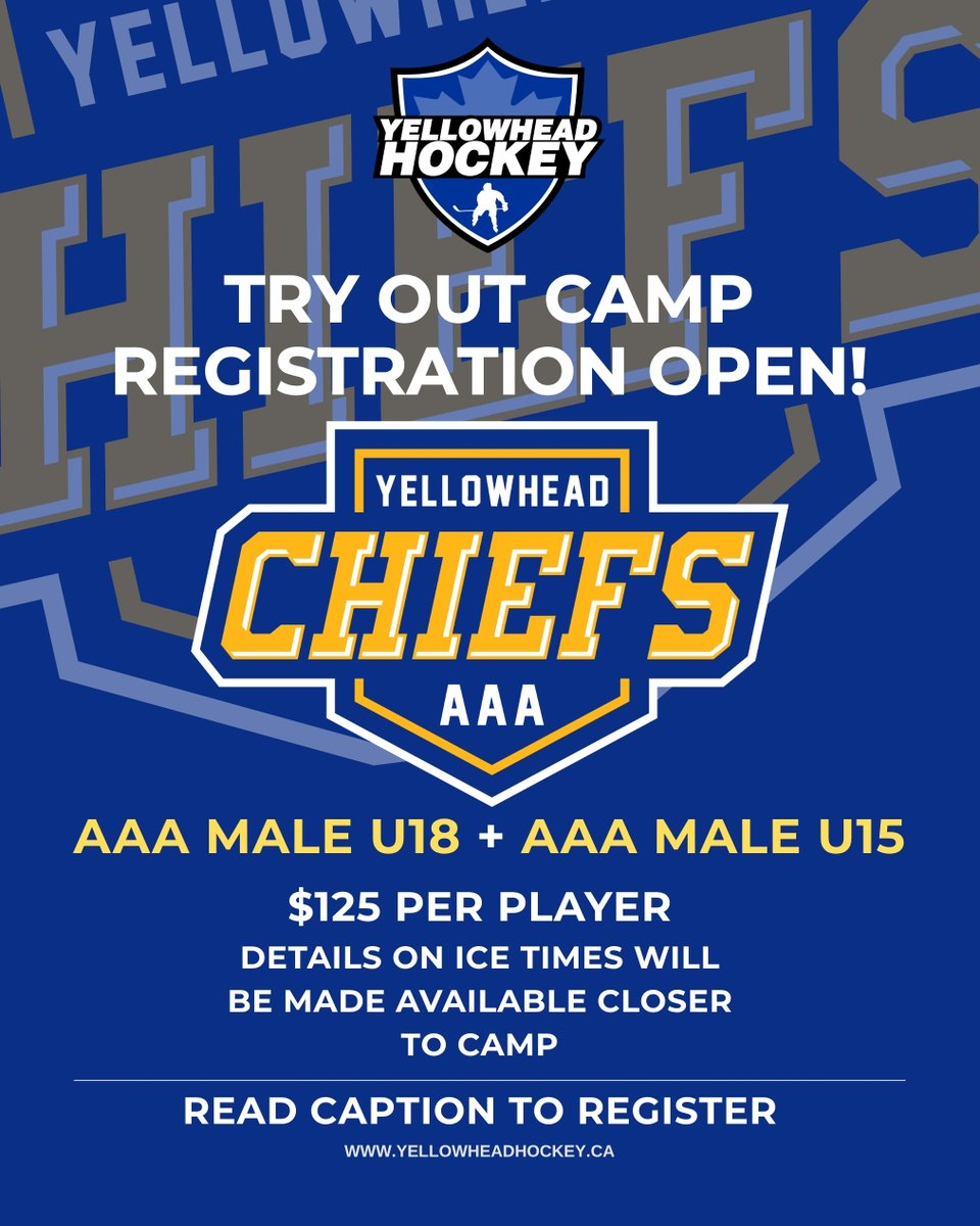 Get ready for the 2025/26 season with Yellowhead AAA Male Chiefs! 🚨 Register now for the U15 and U18 Tryout Camps:
👉 U15 Registration: shorturl.at/UpY1S
👉 U18 Registration: shorturl.at/zEW6H