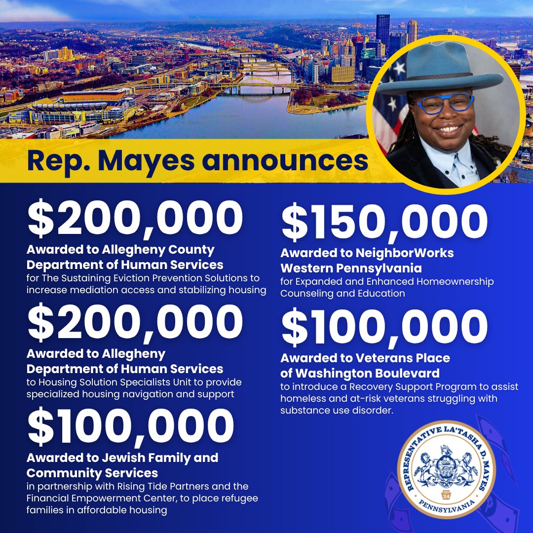 RepMayes's tweet image. I am proud to announce over $3 million in PA Housing Finance Agency (PHFA) - PA Housing Affordable and Rehabilitation Enhancements (PHARE) investments in the 24th Legislative District and overlapping projects and programs in the City of #Pittsburgh!
#repmayes #affordablehousing