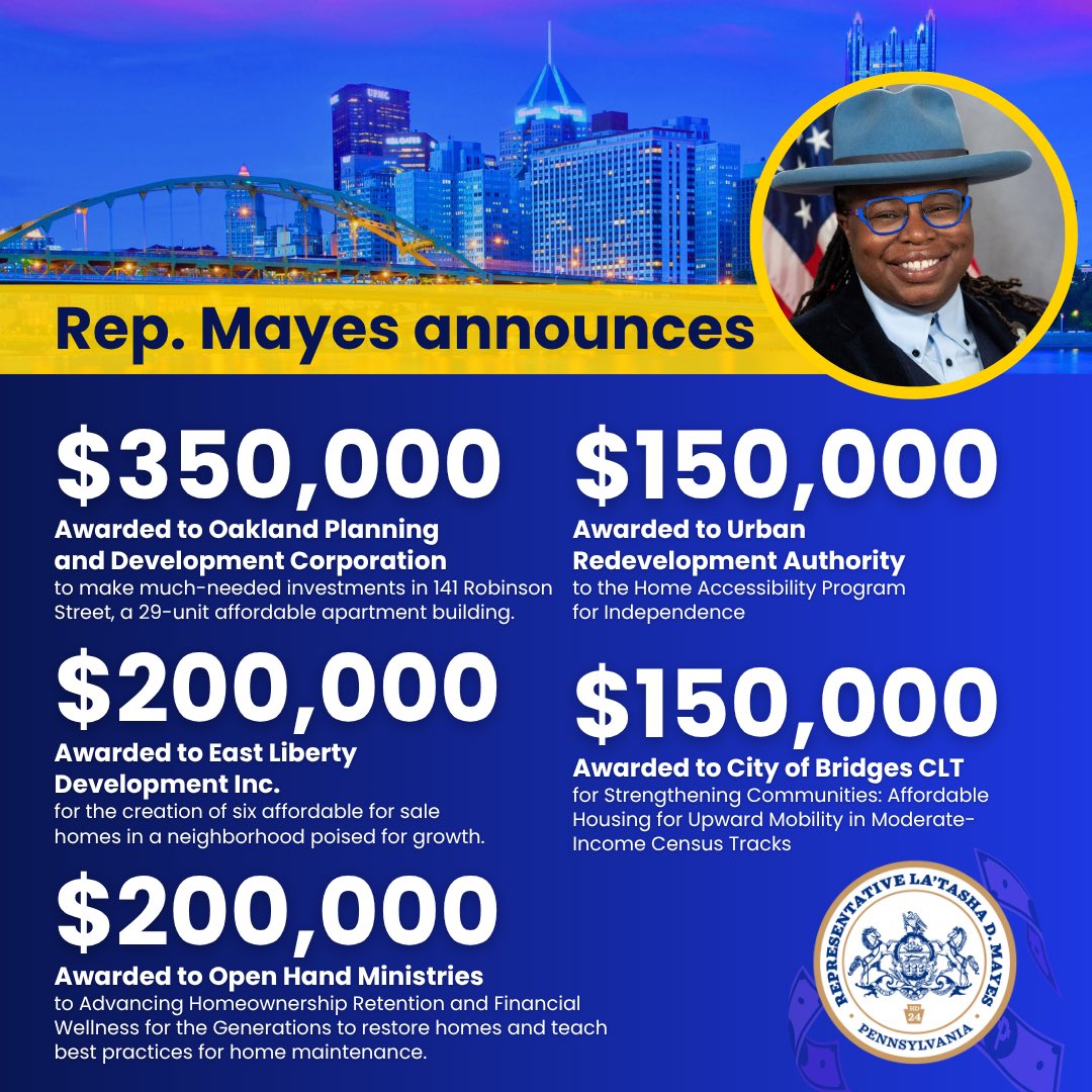 RepMayes's tweet image. I am proud to announce over $3 million in PA Housing Finance Agency (PHFA) - PA Housing Affordable and Rehabilitation Enhancements (PHARE) investments in the 24th Legislative District and overlapping projects and programs in the City of #Pittsburgh!
#repmayes #affordablehousing