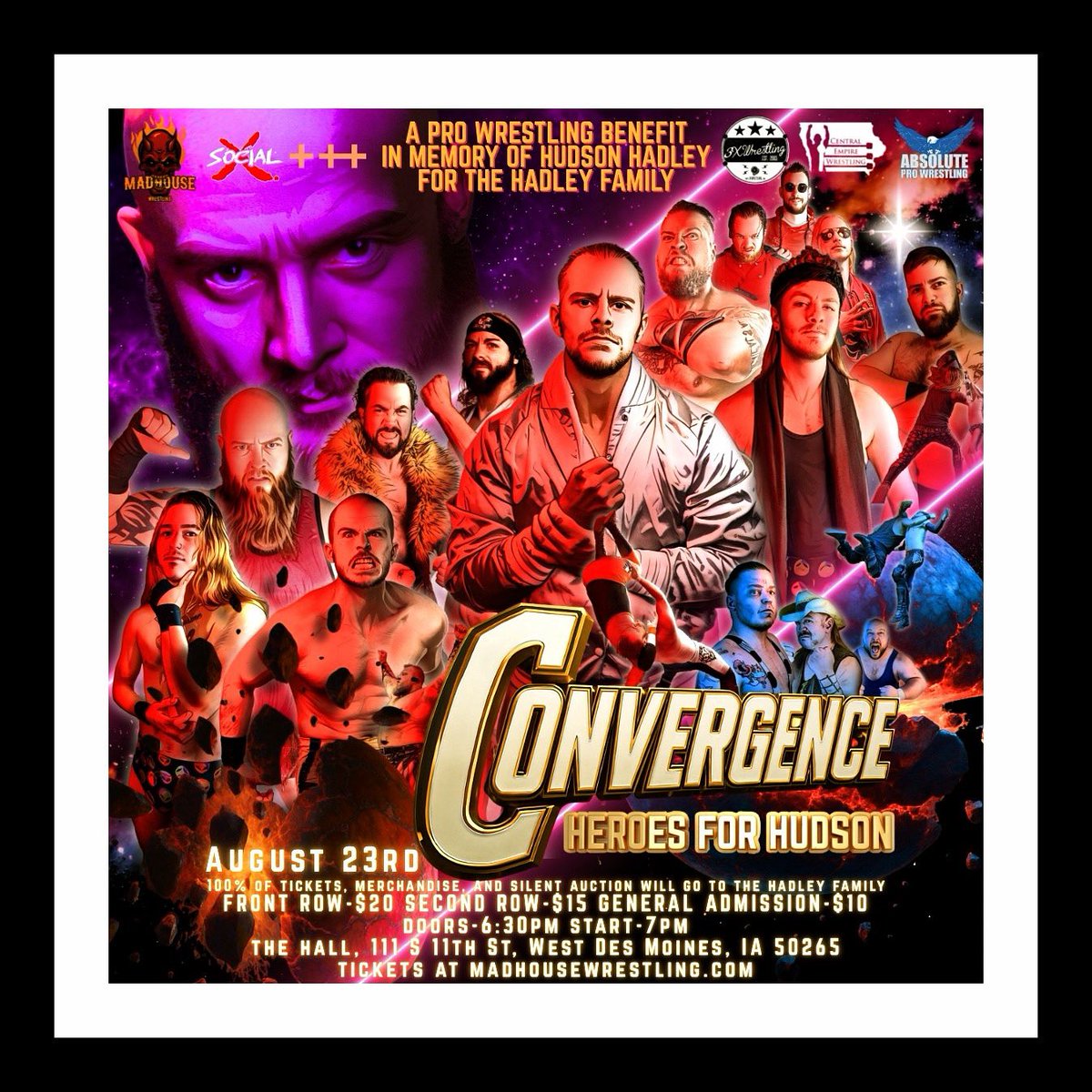 A FEW WEEKS AGO A MEMBER OF OUR COMMUNITY LOST HIS INFANT SON. IN REMEMBRANCE OF YOUNG HUDSON HADLEY WE HAVE PARTNERED WITH THE 4 BEST IOWA PROMOTIONS TO PUT ON A ONCE IN A LIFETIME EVENT WITH 100% OF TICKETS, MERCHANDISE, SILENT AUCTION, AND DONATIONS GOING TO THE HADLEY FAMILY.