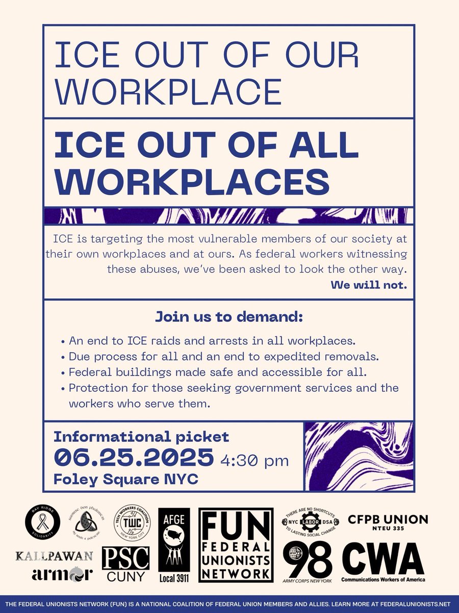 "Federal workers... are taking bold action... to say: Our workplaces are not jails. We serve the public—not political agendas...Now we're taking a stand." 

Today's the day! Join in NYC, Chicago + Seattle to KEEP ICE OUT of our workplaces! Article: newsweek.com/federal-worker…