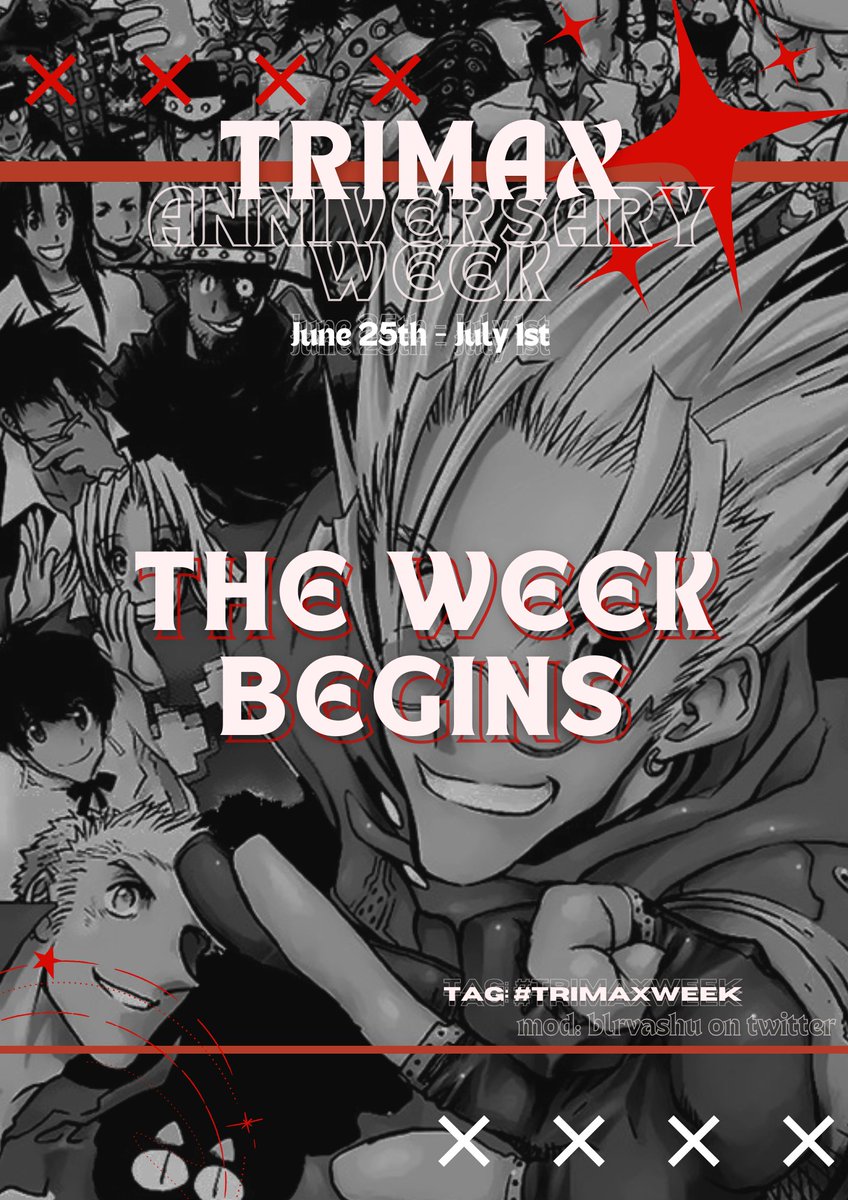 trigunweek's tweet photo. — #TriMaxWeek Starts Now! 
Remember to follow the rules of the week and to post everything with proper trigger warnings and with the #TriMaxWeek tag!
#trigun https://t.co/DUZZZuw4IF