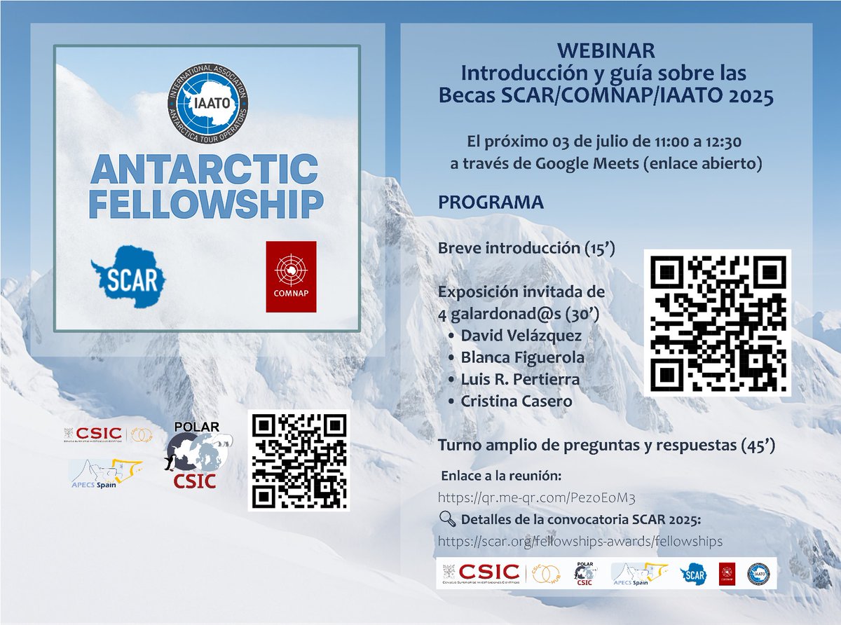 🧊 WEBINAR | Becas SCAR/COMNAP/IAATO 2025
📅 03 de julio | 🕚 11:00–12:30 (GMT)
📍 Google Meet (acceso abierto): gr.me-gr.com/PezoEoM3
David Velázquez, Blanca Figuerola, Luis R. Pertierra, Cristina Casero
ℹ️ + Info convocatoria: scar.org/fellowships-aw…
#Antártida #SCAR #Ciencia