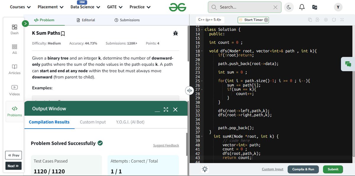 YojitKataria's tweet image. 🚀 #GFG160 – Day 84: All Paths That Sum Up! 🧮🌿
Solved the K Sum Paths problem today
✔️ K Sum Paths in Binary Tree
#BinaryTree #KSumPaths #DFS #Backtracking #TreeProblems #GeeksforGeeks #100DaysOfCode #geekstreak2025
@geeksforgeeks