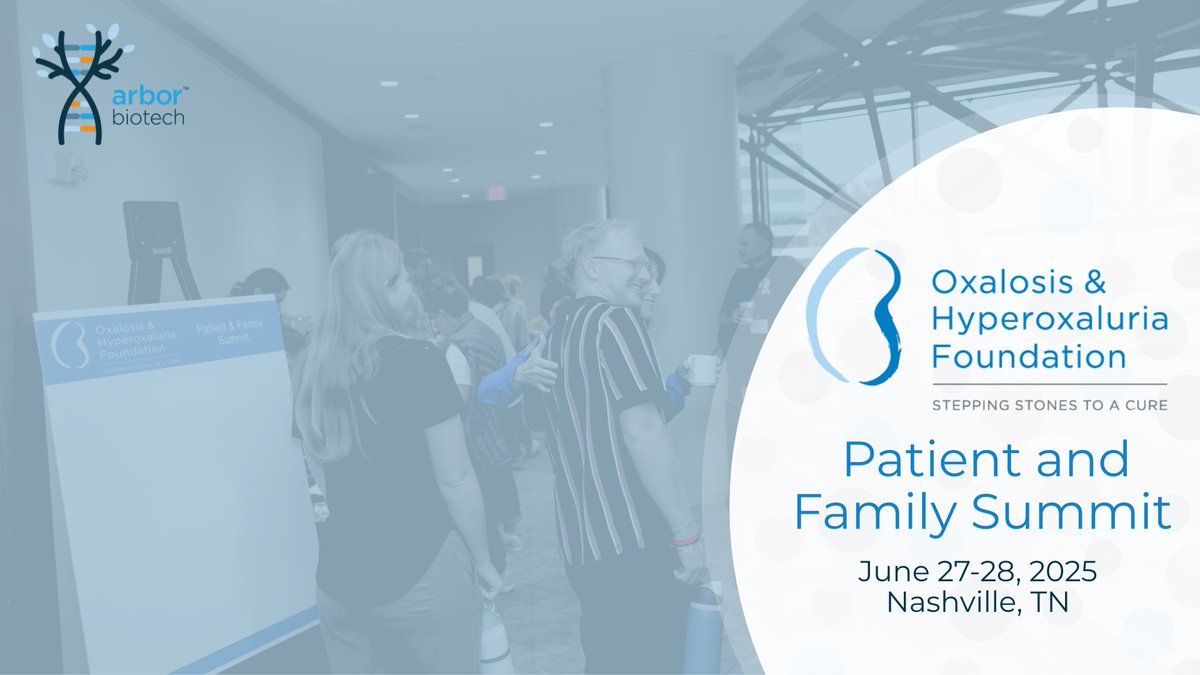Arbor Biotechnologies (@arbortx) on Twitter photo We’re excited to be attending the Oxalosis and Hyperoxaluria Foundation’s Annual Patient and Family Summit! We'll be joining patients, families, and clinical experts to connect, learn, and work together toward making an impact for those affected by hyperoxaluria.
<a href="/OHFTweet/">Oxalosis & Hyperoxaluria Foundation</a> We’re excited to be attending the Oxalosis and Hyperoxaluria Foundation’s Annual Patient and Family Summit! We'll be joining patients, families, and clinical experts to connect, learn, and work together toward making an impact for those affected by hyperoxaluria.
<a href="/OHFTweet/">Oxalosis & Hyperoxaluria Foundation</a>