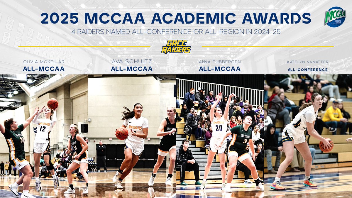 grccwbb (@grccwbb) on Twitter photo Proud of the 4 Raiders earning <a href="/mccaa1926/">MCCAA</a> Academic Awards for the 24-25 Season! Awards when to:
Olivia McKellar: All-MCCAA
Ava Schultz: All-MCCAA
Anna Tubbergen: All-MCCAA
Katelyn Vanatter: All-Conference Proud of the 4 Raiders earning <a href="/mccaa1926/">MCCAA</a> Academic Awards for the 24-25 Season! Awards when to:
Olivia McKellar: All-MCCAA
Ava Schultz: All-MCCAA
Anna Tubbergen: All-MCCAA
Katelyn Vanatter: All-Conference