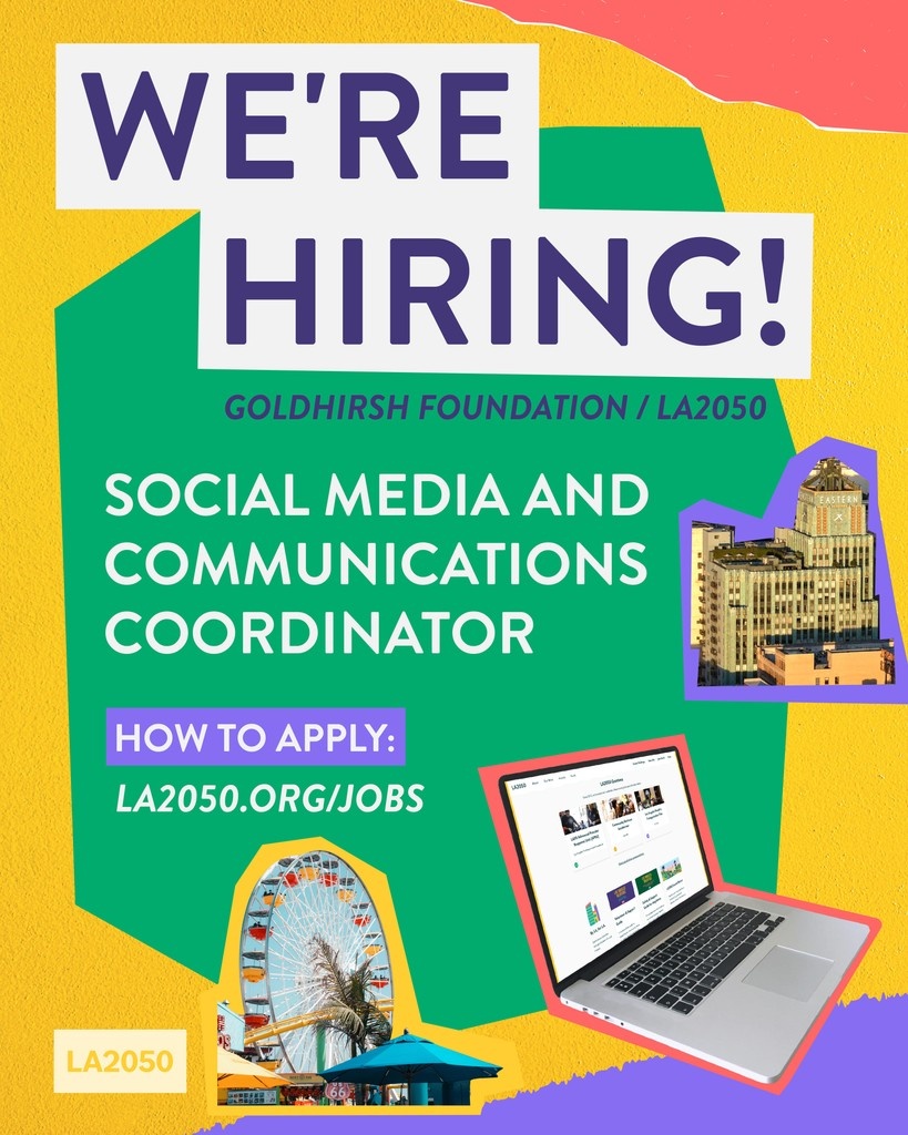 Are you creative and adaptable as well as being detail-oriented and organized? Have an interest in social innovation, philanthropy, and how the two relate to making an even better Los Angeles? We are hiring a social media and communications coordinator. la2050.org/job/goldhirsh-…