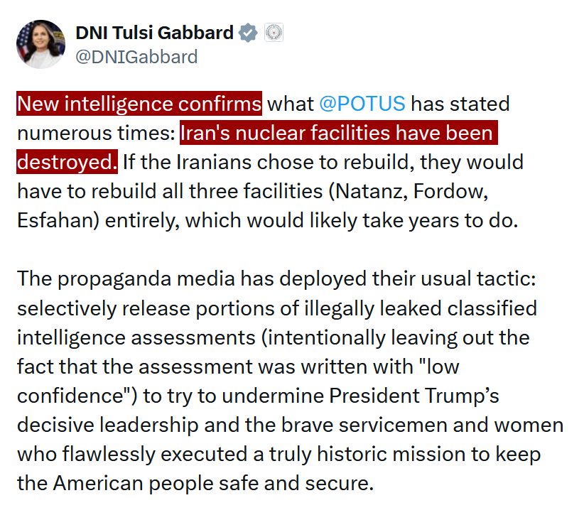 🇺🇲🇮🇷DERNIÈRE MINUTE – La directrice du renseignement national, Gabbard, déclare que « de nouveaux renseignements confirment » la destruction des installations nucléaires iraniennes.