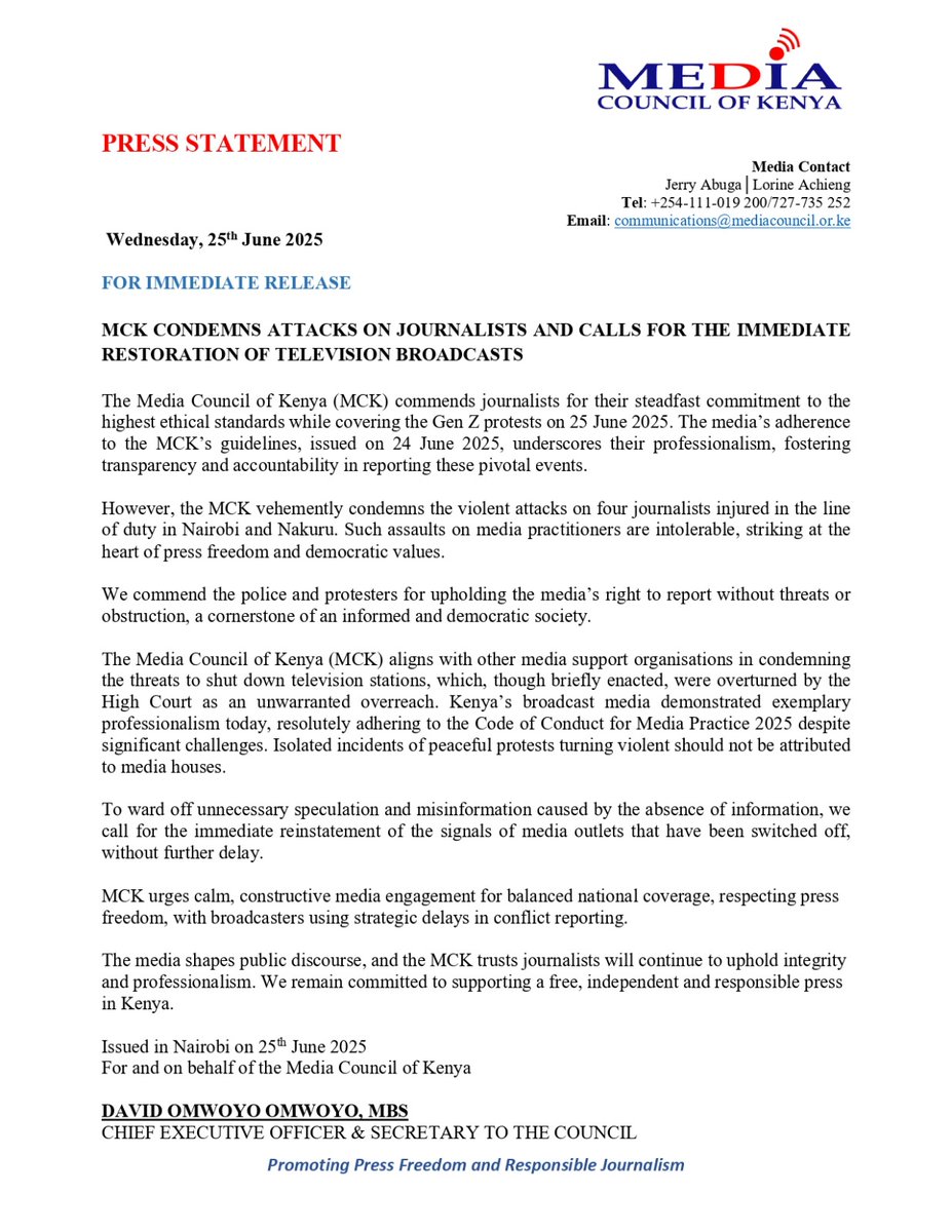 Media Council condemns attacks on journalists and calls for immediate restoration of TV broadcasts