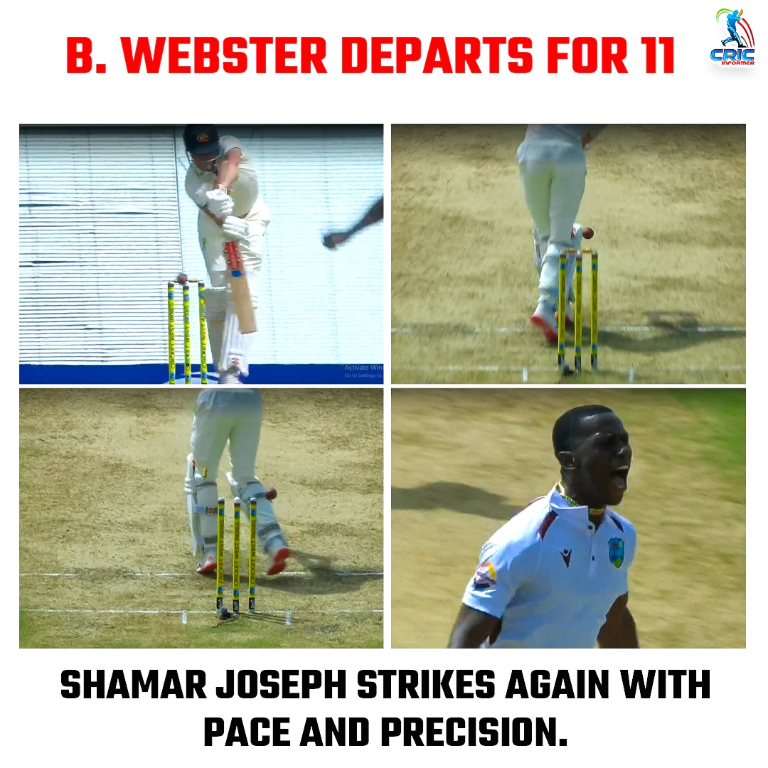 CricInformer's tweet photo. B. Webster departs for 11
Shamar Joseph strikes again with pace and precision.
#INDvsENG #ausvswi #ShubmanGill #Rishabpant #Shamarjoseph #mitchellstarc #trevishead https://t.co/ImLjOzIg2k